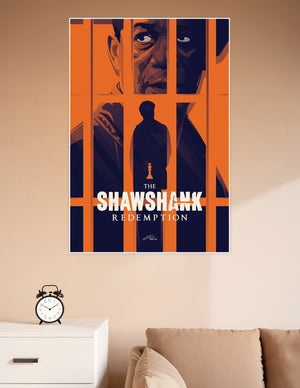 Illustrated Shawshank Redemption movie poster with orange prison bars, dramatic shadowed faces, a lone silhouette, and a chess king piece symbolizing hope and freedom