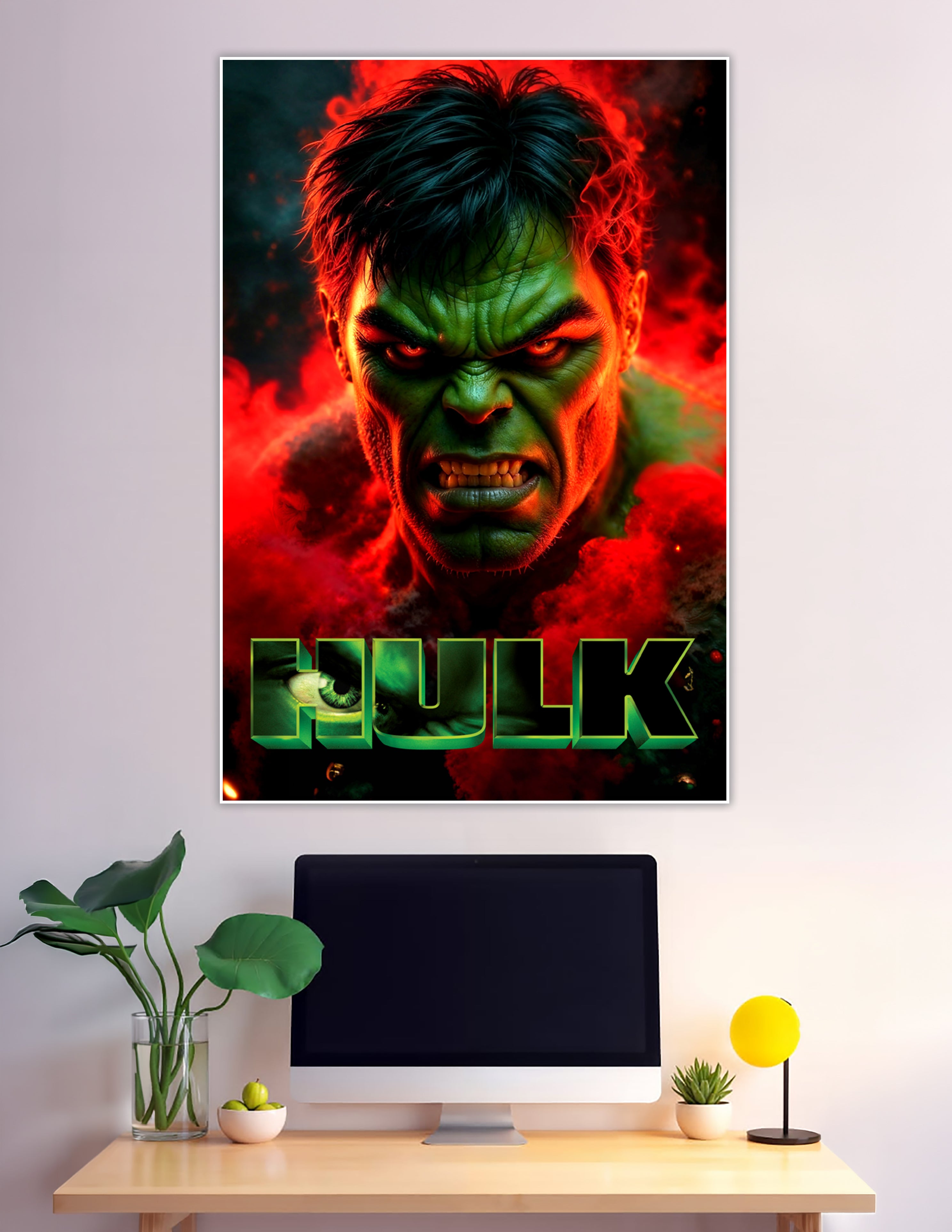 Hulk angry close-up portrait with red fire background
