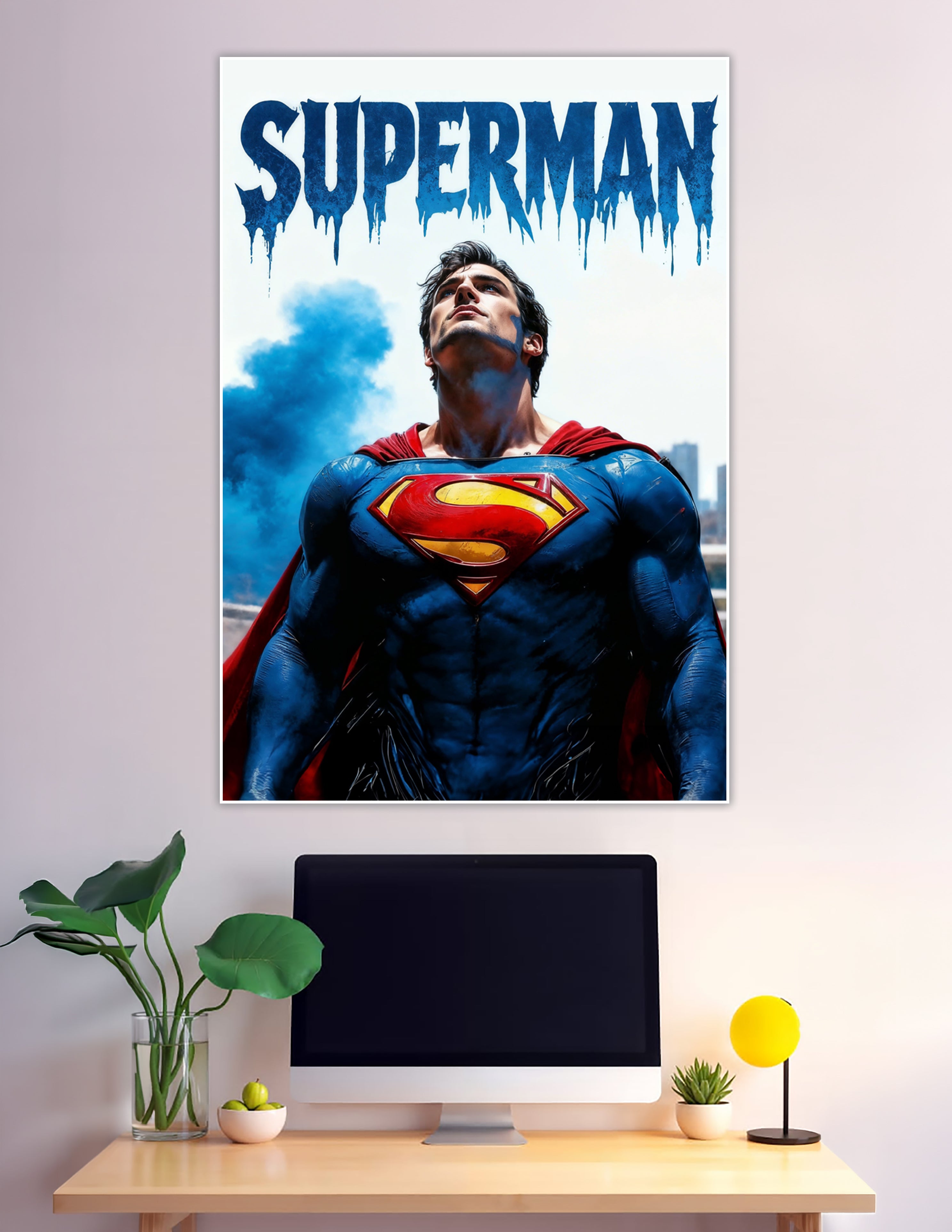 Superman looking up in heroic pose with blue smoke