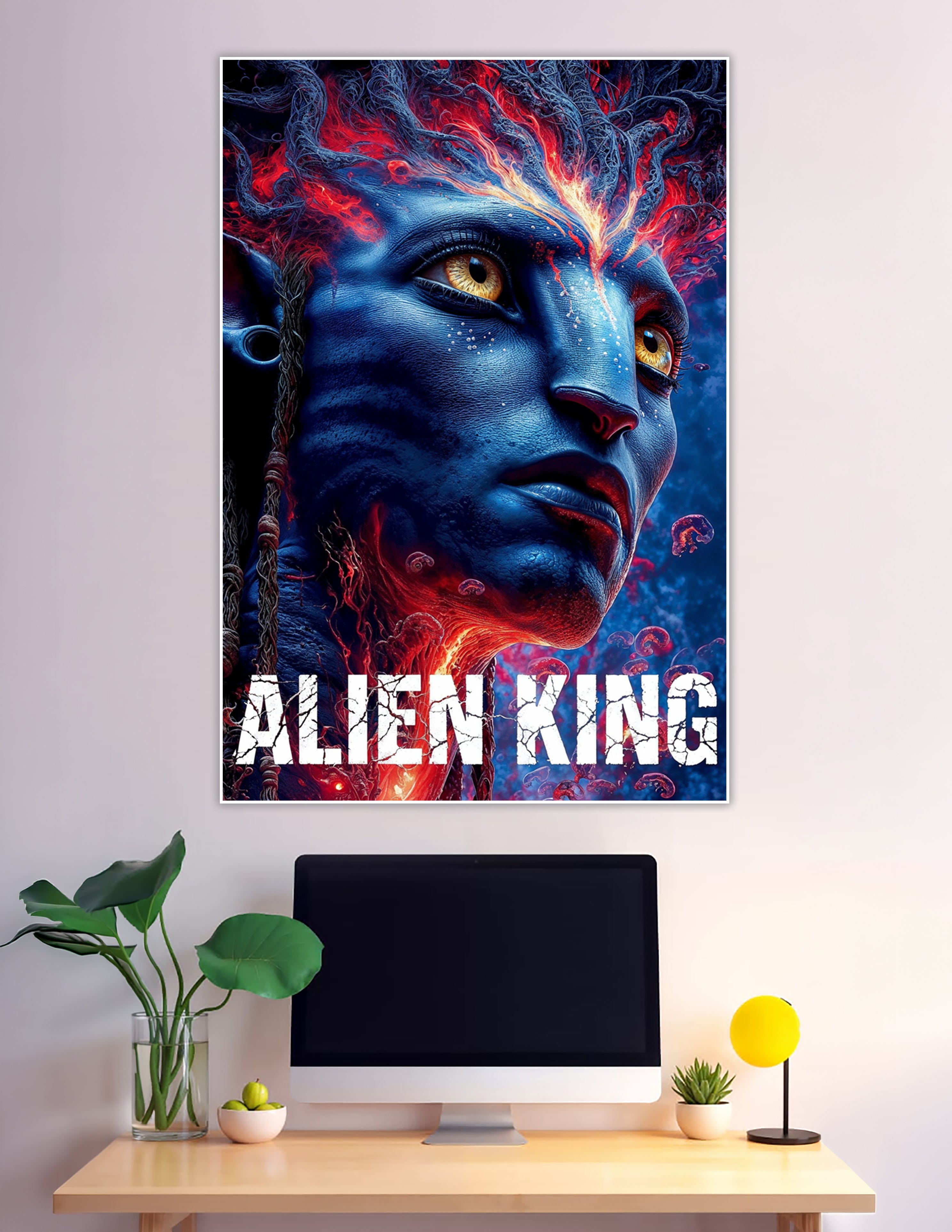 Blue alien king portrait with fiery red energy crown