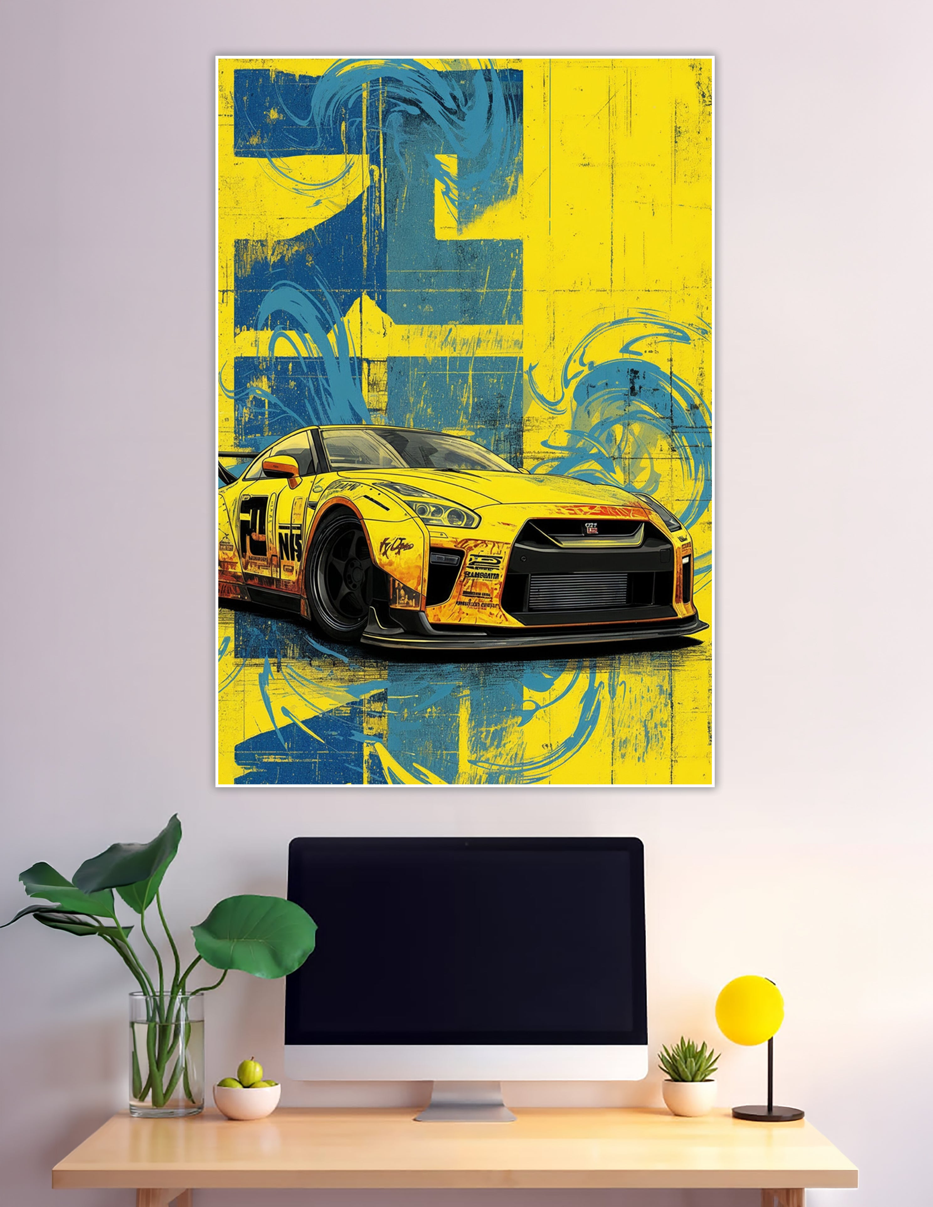 Yellow Nissan GT-R race car grunge art poster with blue and yellow distressed background and swirling brushstroke patterns