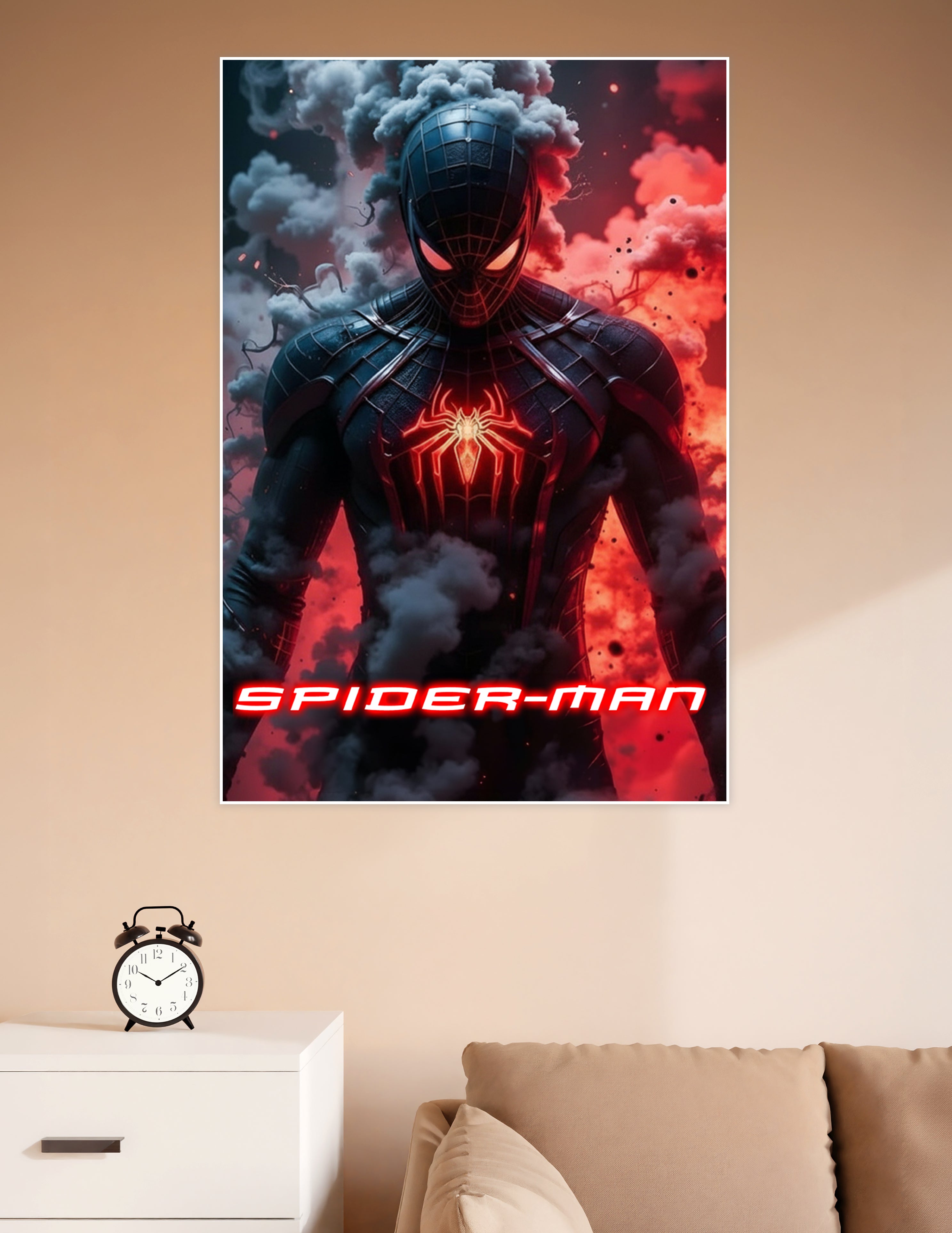Spider-Man in a dark armored suit with a glowing red spider emblem on the chest, surrounded by dramatic grey and crimson smoke clouds, with the text SPIDER-MAN at the bottom