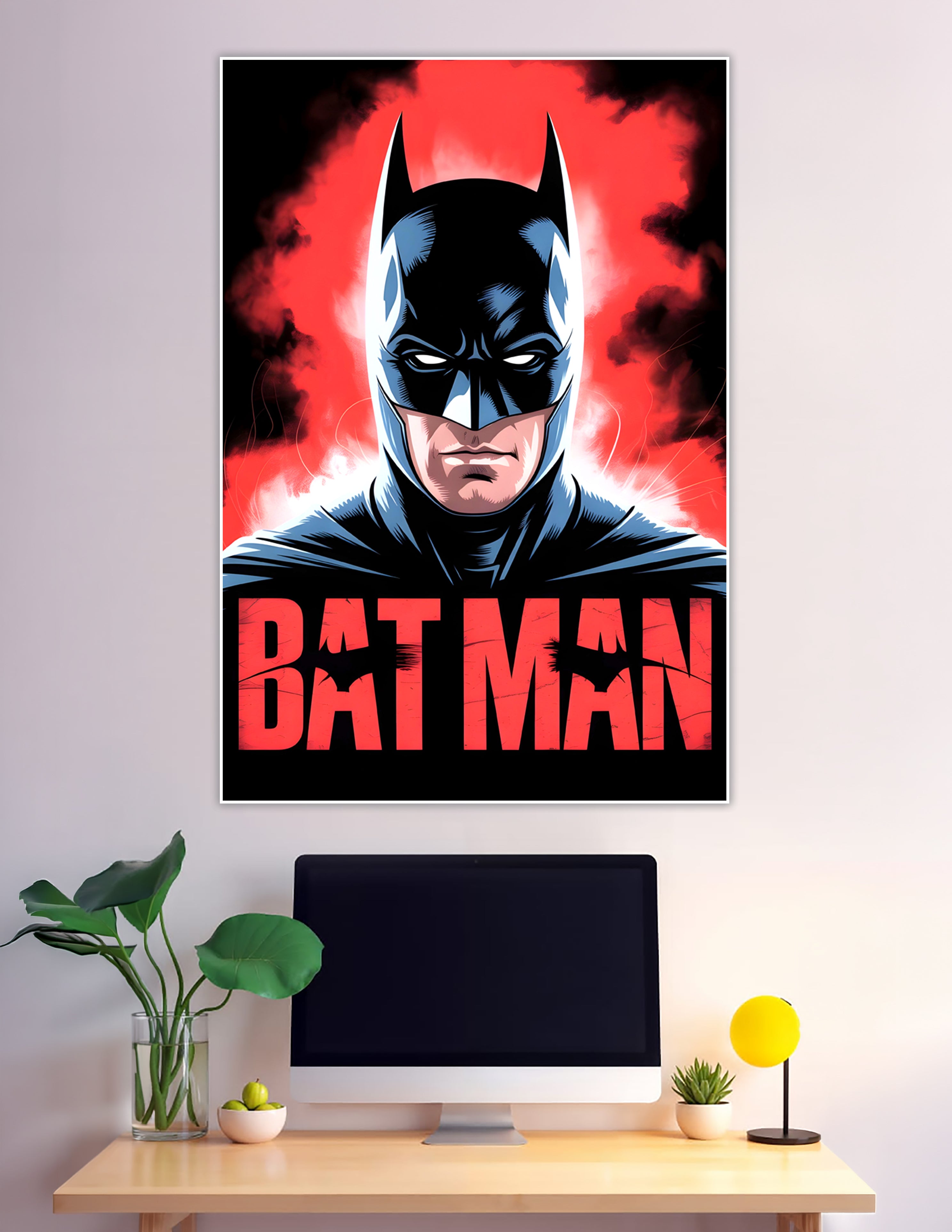 Batman comic art poster with red smoke background