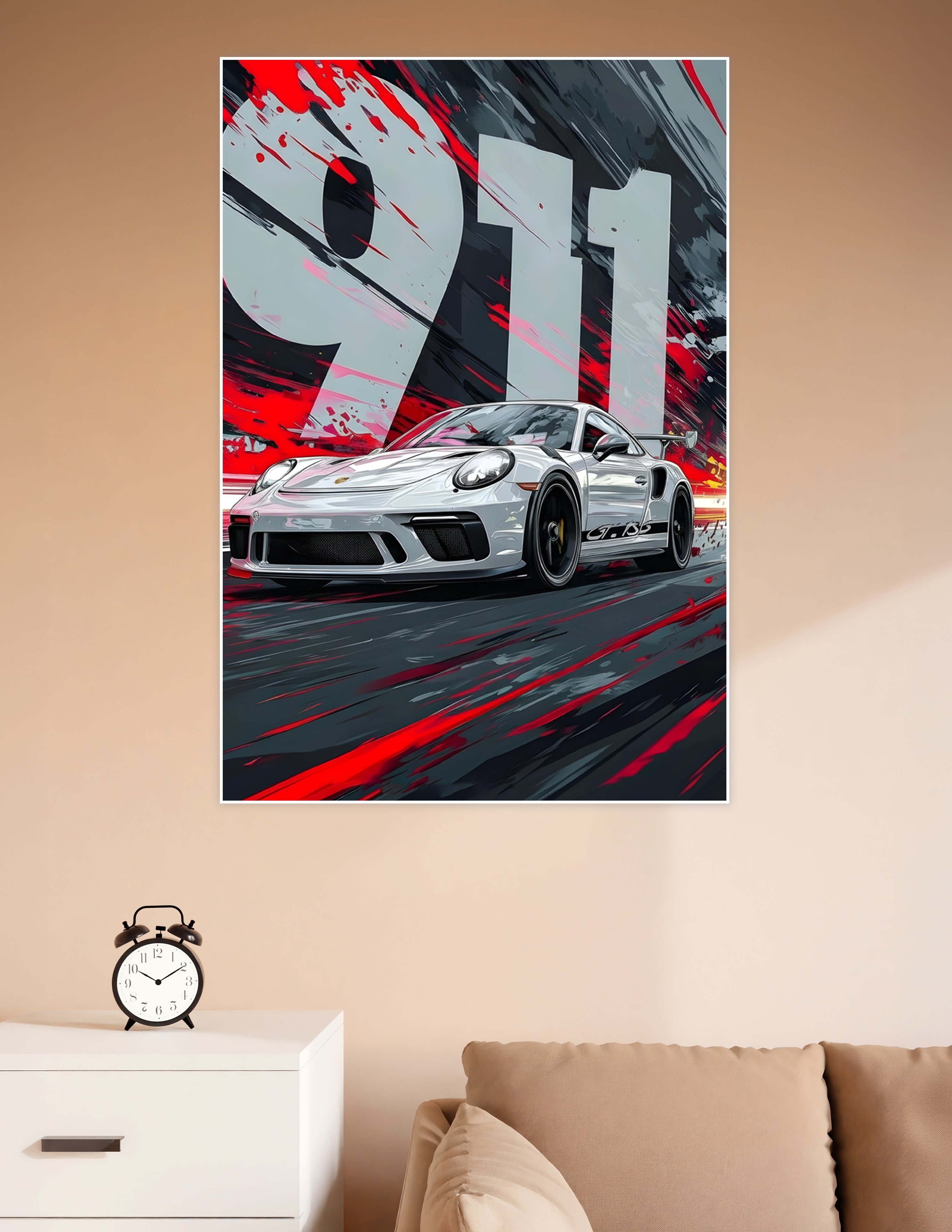 Illustrated Porsche 911 GT3 RS white supercar poster with bold red and black brushstroke background and oversized 911 typography