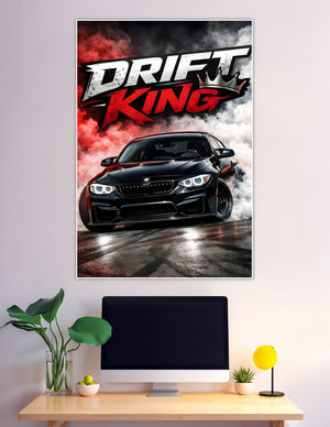 Drift King poster featuring a black BMW M-series drifting through red and white smoke with bold crown typography