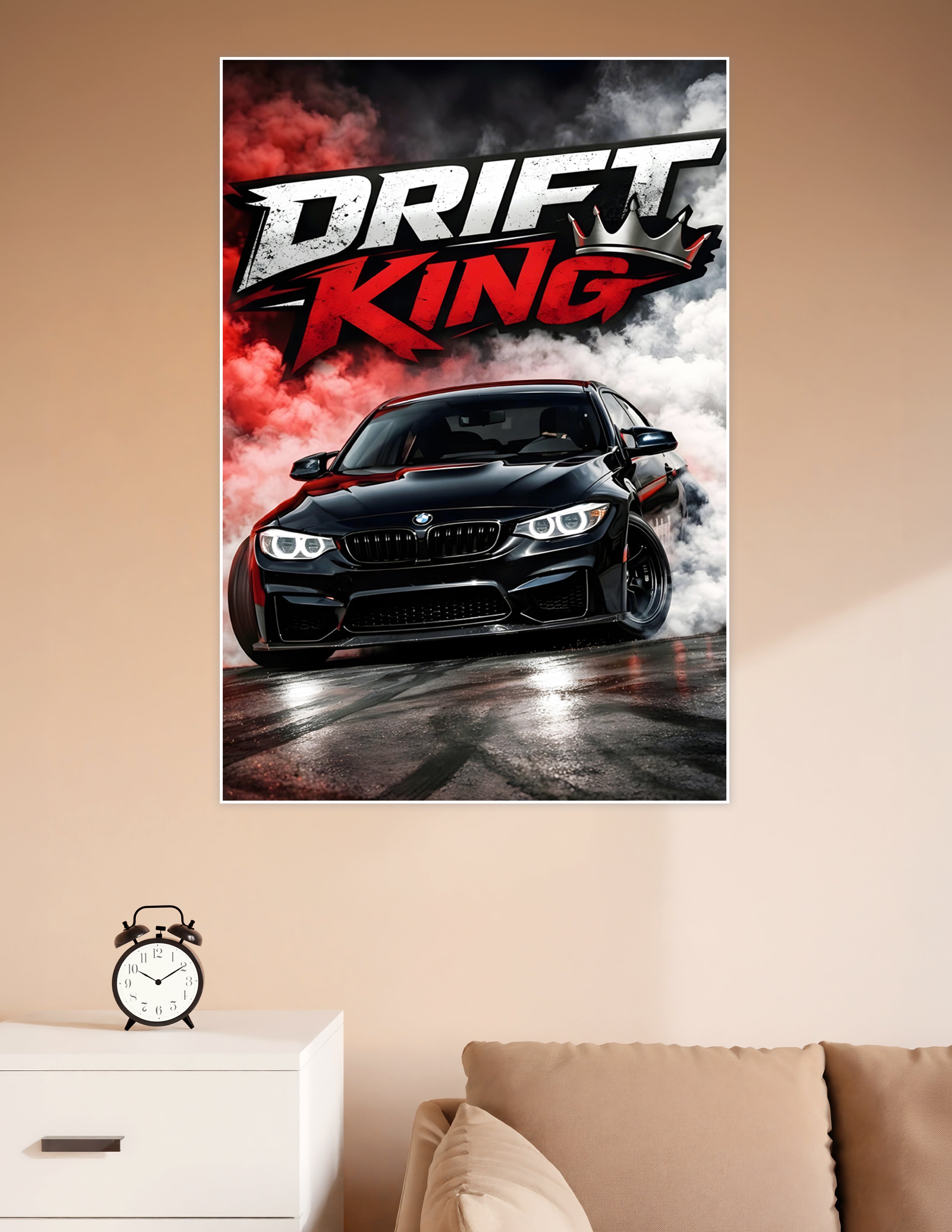 Drift King poster featuring a black BMW M-series drifting through red and white smoke with bold crown typography