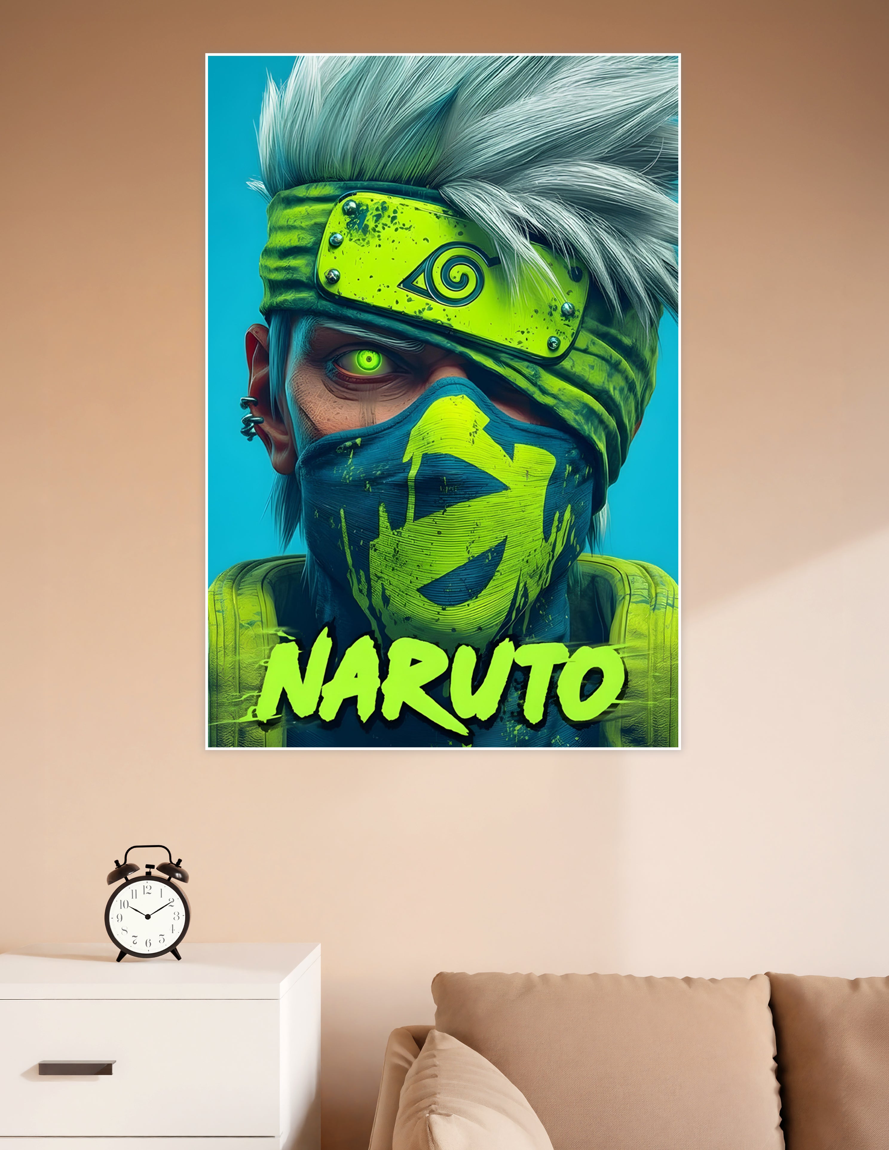 Cyberpunk-style Kakashi Hatake poster with neon green Leaf Village headband, glowing Sharingan eye, and bold NARUTO text on cyan background