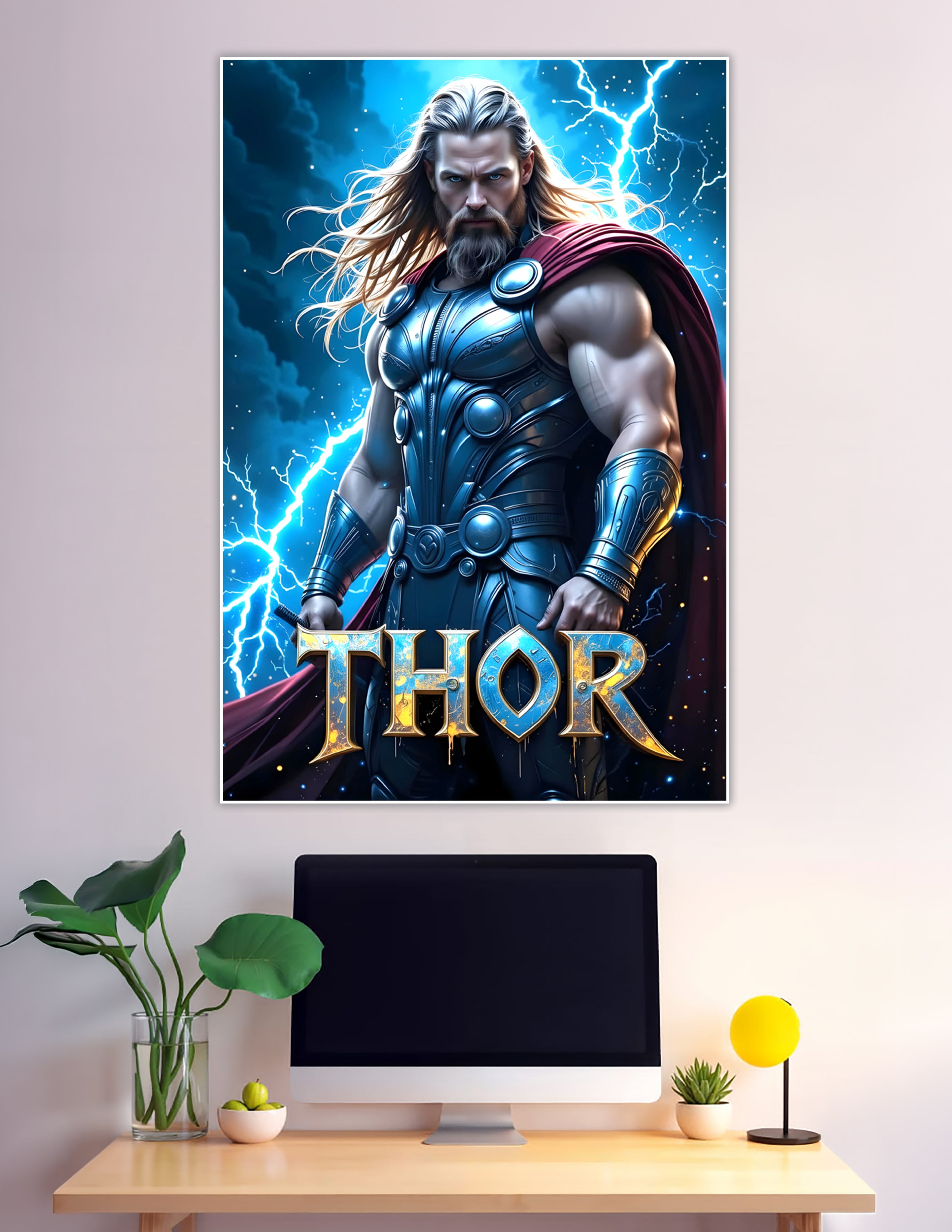 Thor God of Thunder in silver Asgardian armor with red cape and blue lightning bolts, Marvel superhero wall poster