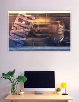 Cinematic poster of a man on a train with his Joker clown reflection visible in the window, overlaid with bold distressed typography in warm amber tones