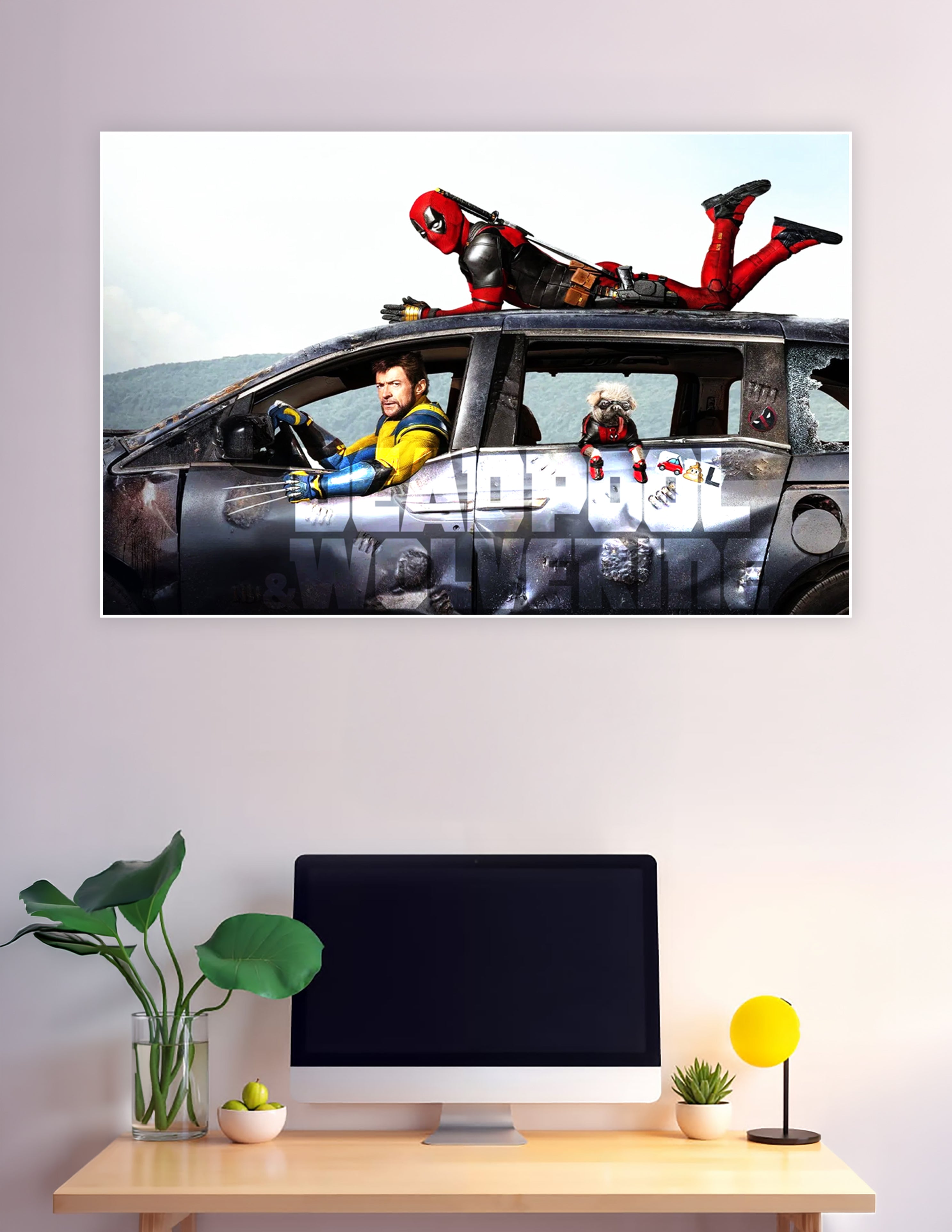 Deadpool lying on car roof with Wolverine driving