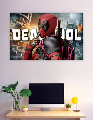 Deadpool in red and black suit posing confidently against an explosive cityscape with the Deadpool movie title logo in the background