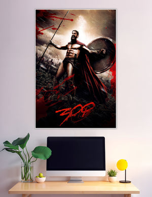 Spartan warrior in red cape holding spear and shield, roaring on a battlefield — official 300 movie poster art