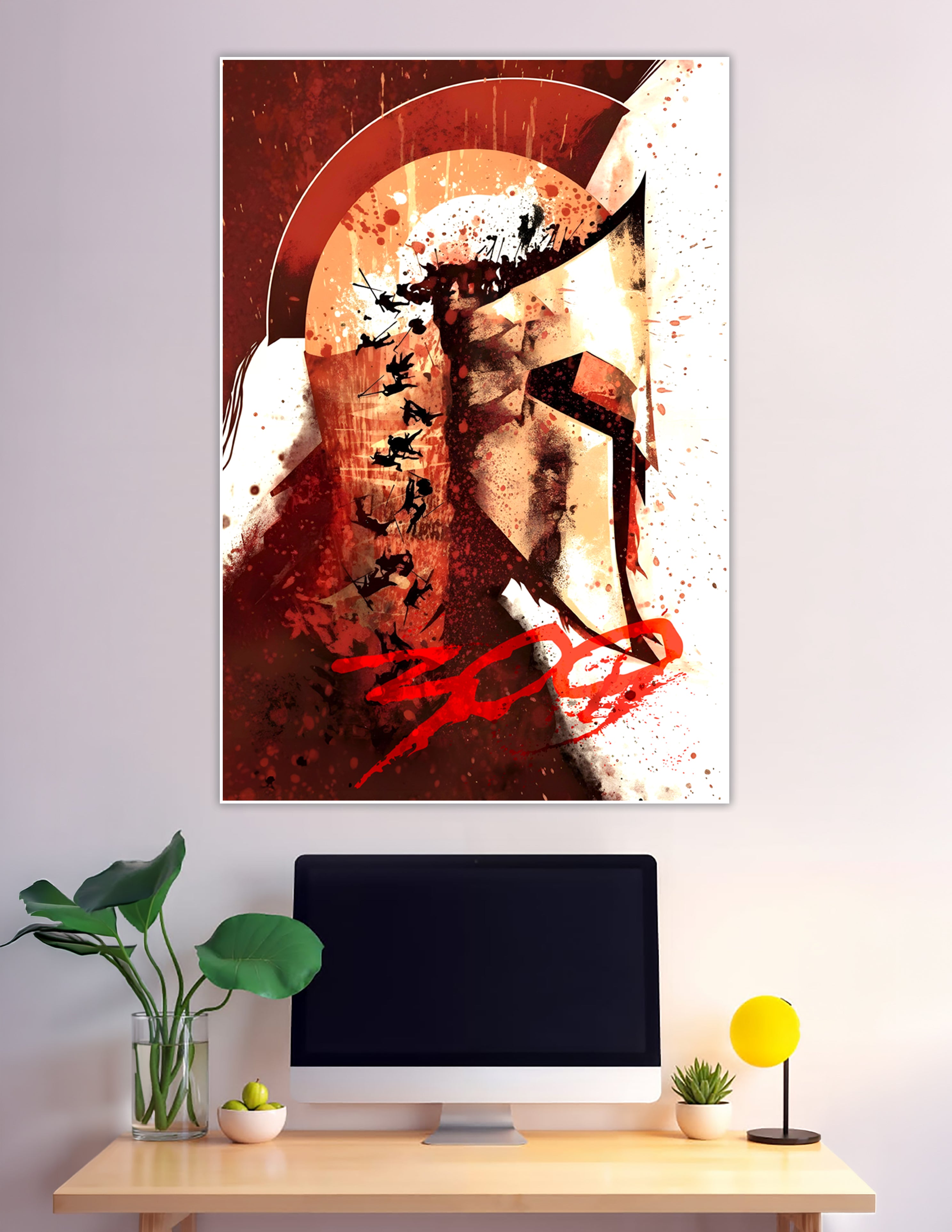 Dramatic 300 movie-inspired poster featuring a Spartan warrior helmet silhouette with battle scenes and blood-red splatter artwork