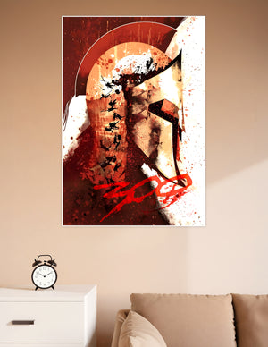 Dramatic 300 movie-inspired poster featuring a Spartan warrior helmet silhouette with battle scenes and blood-red splatter artwork
