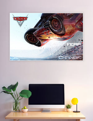 Cars 3 movie poster showing Lightning McQueen flipping mid-air during a crash with sparks flying and the motivational quote 'Don't Fear Failure Fear Not Having The Chance'