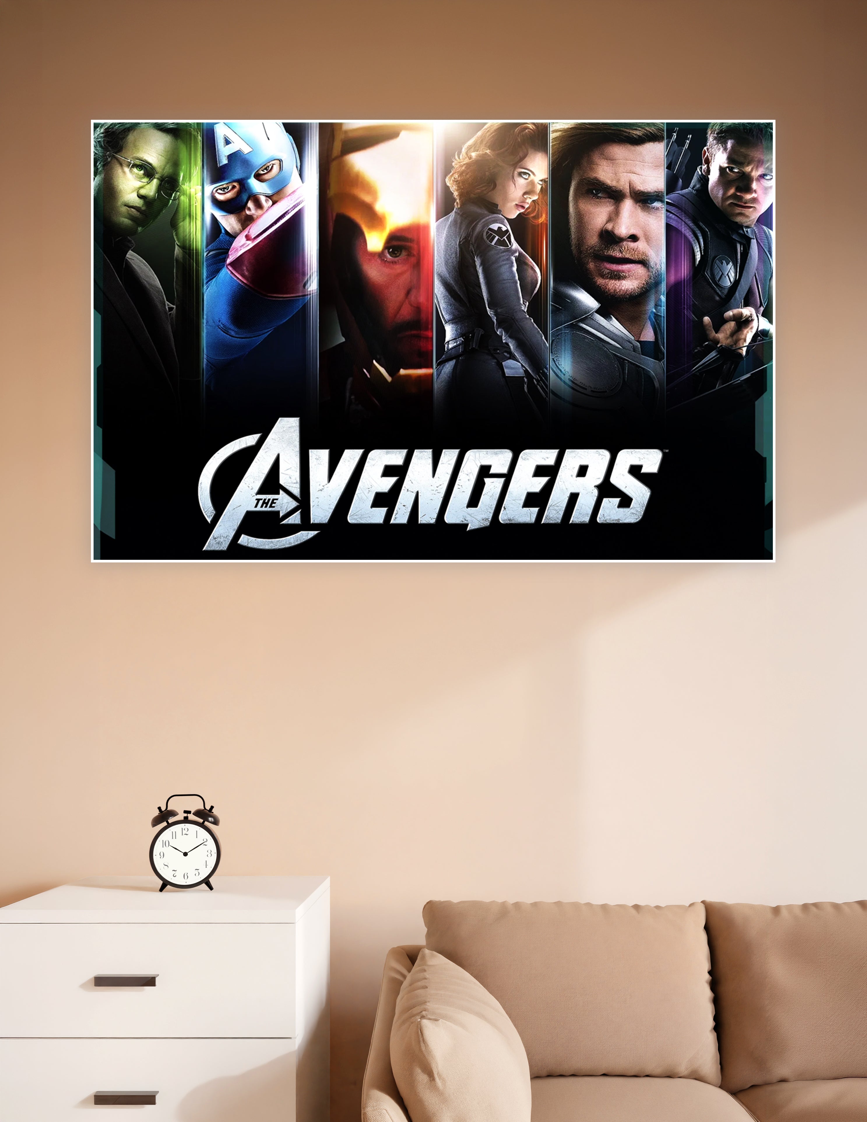 The Avengers official movie poster featuring Bruce Banner, Captain America, Iron Man, Black Widow, Thor, and Hawkeye in a dramatic split-panel cinematic design