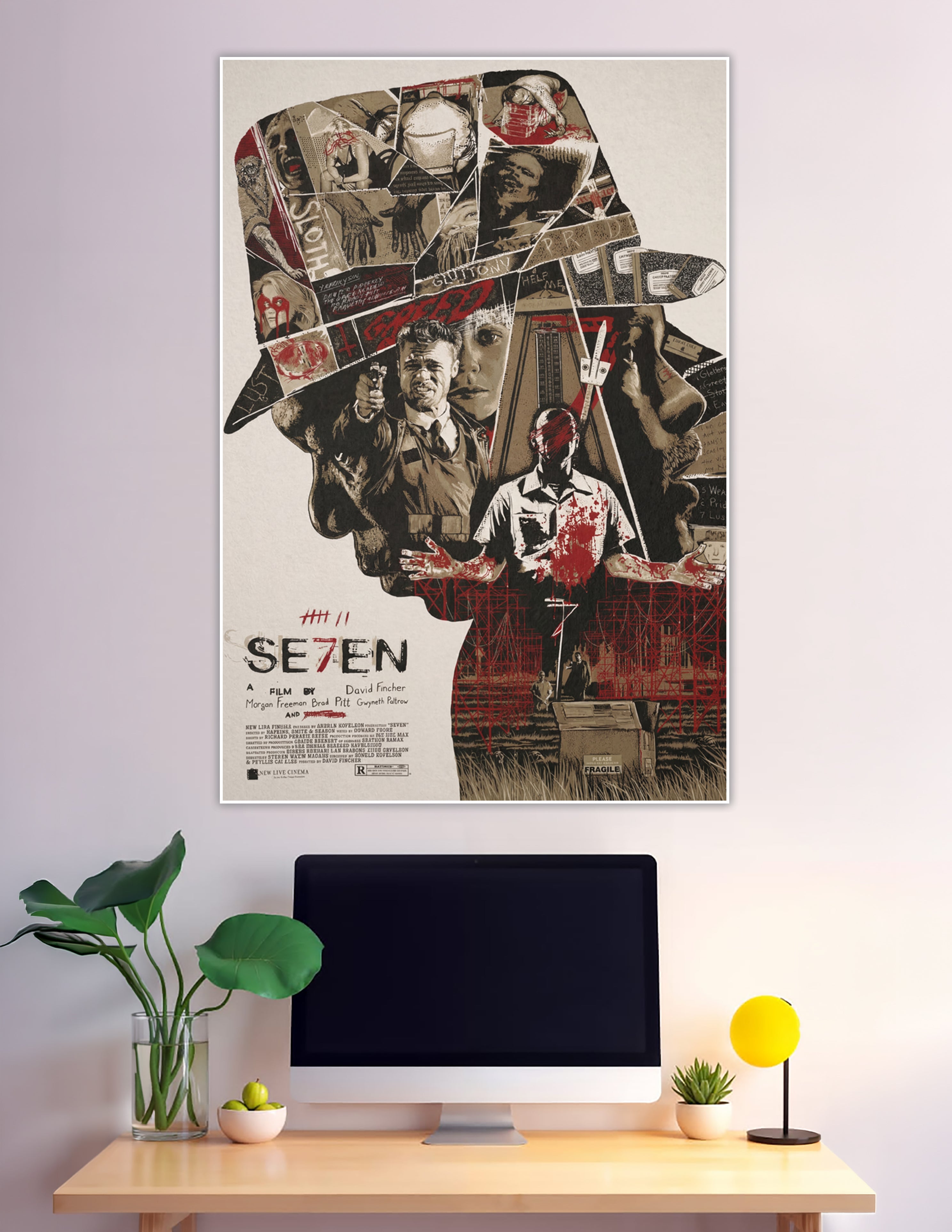 SE7EN movie fan-art collage poster featuring silhouette composition with Brad Pitt, Morgan Freeman, seven deadly sins imagery, and dark red and black tones