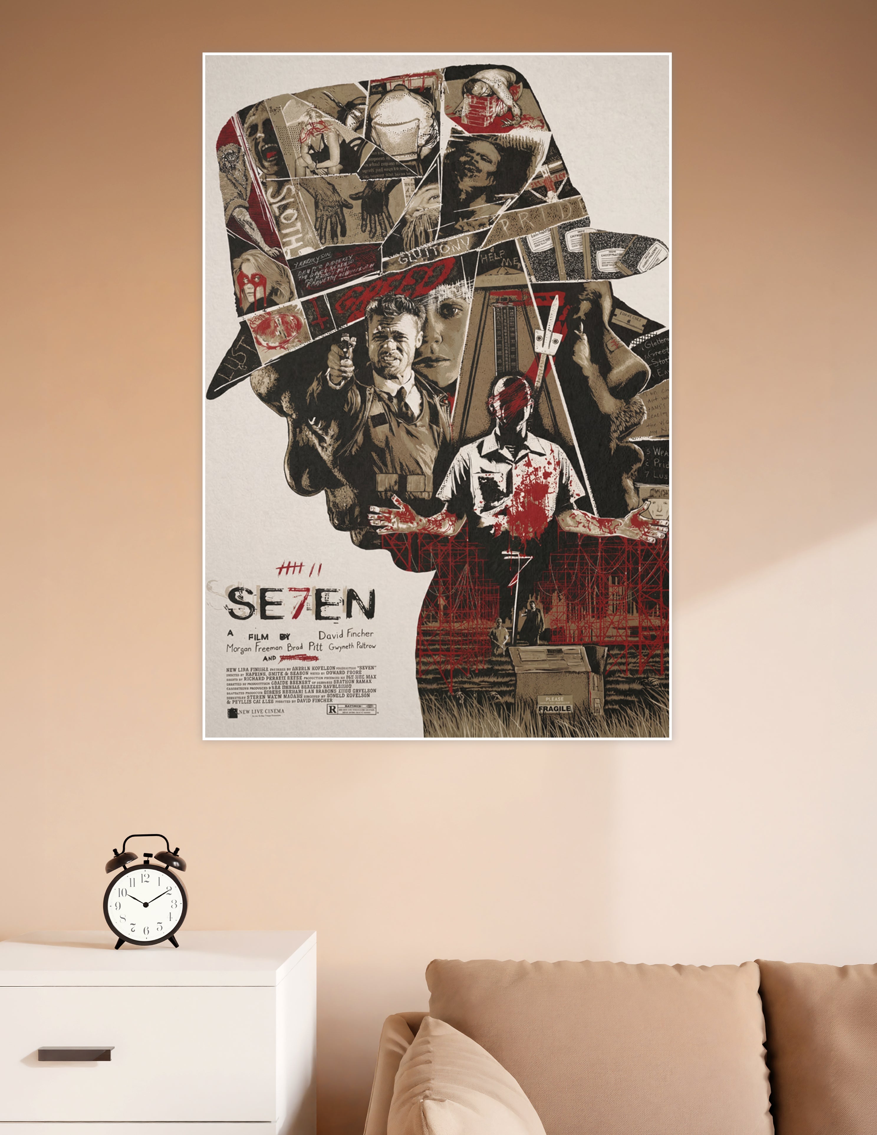 SE7EN movie fan-art collage poster featuring silhouette composition with Brad Pitt, Morgan Freeman, seven deadly sins imagery, and dark red and black tones
