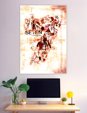 SE7EN David Fincher film art poster featuring a distressed sepia collage of scenes and seven deadly sins references including Sloth and Pride
