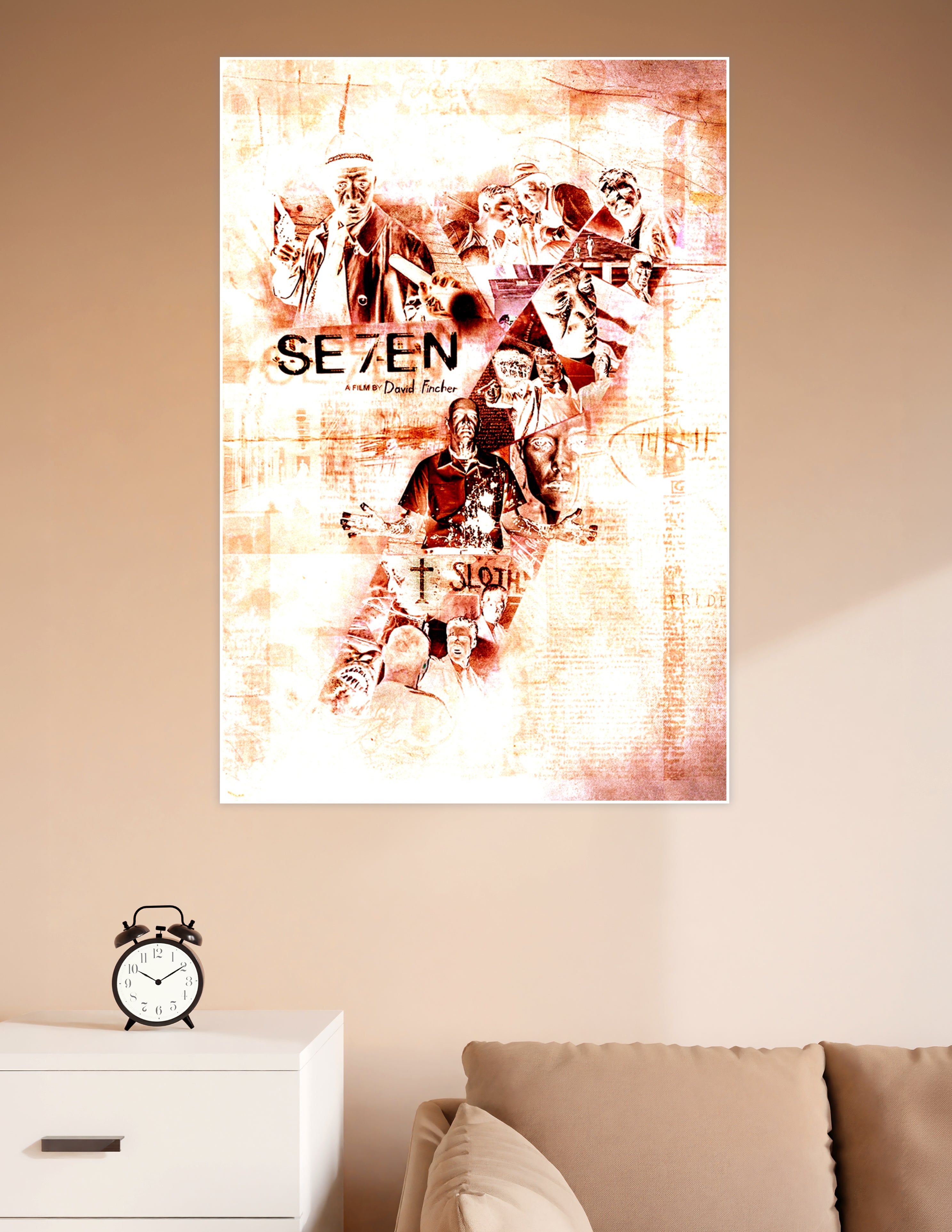 SE7EN David Fincher film art poster featuring a distressed sepia collage of scenes and seven deadly sins references including Sloth and Pride