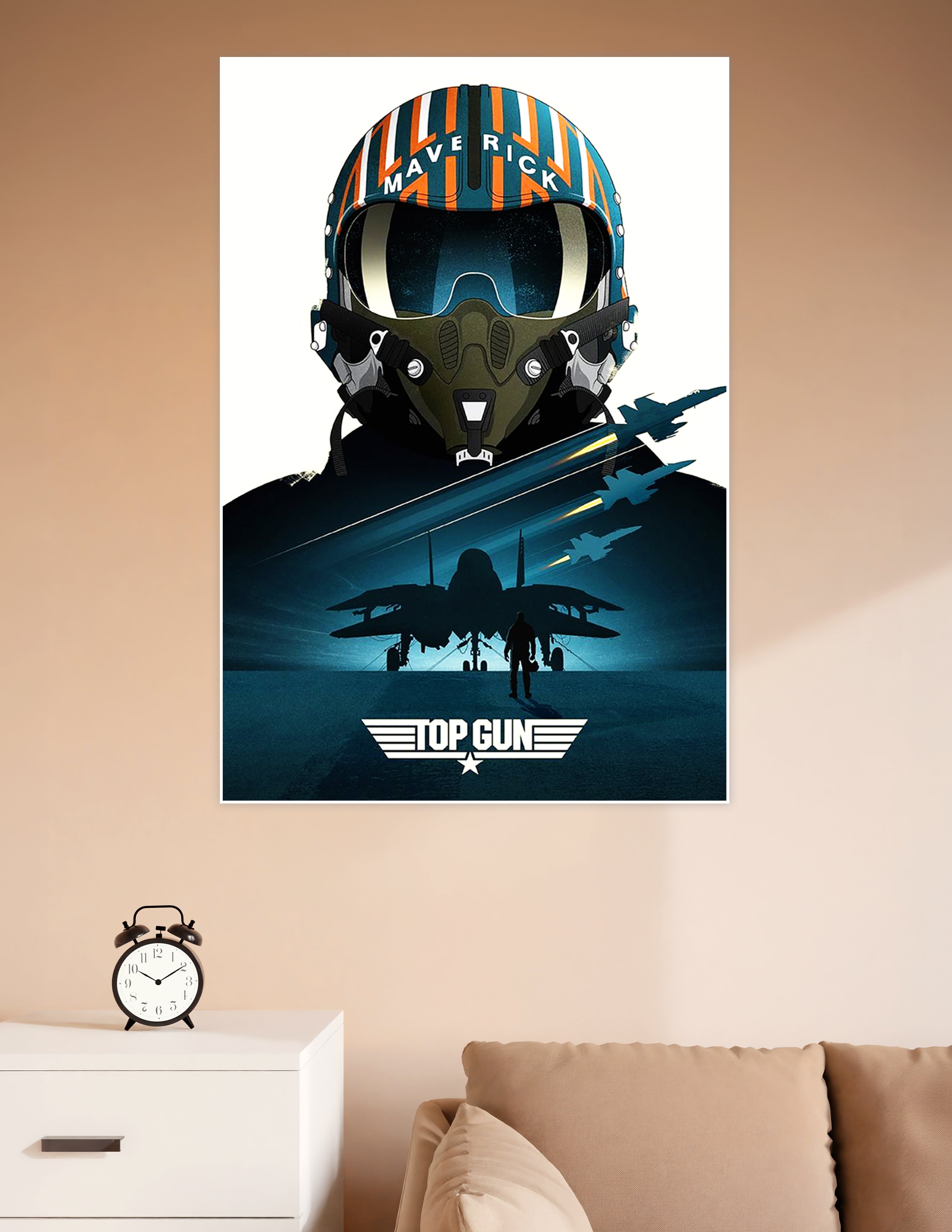 Illustrated Top Gun Maverick poster featuring the iconic teal and orange pilot helmet with jet fighter silhouettes and the Top Gun logo