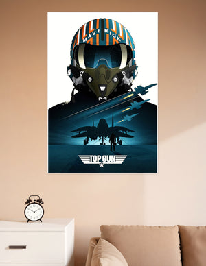 Illustrated Top Gun Maverick poster featuring the iconic teal and orange pilot helmet with jet fighter silhouettes and the Top Gun logo