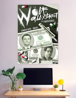 The Wolf of Wall Street movie poster directed by Martin Scorsese featuring Leonardo DiCaprio and Jonah Hill on hundred-dollar bills with white powder title typography on dark green background