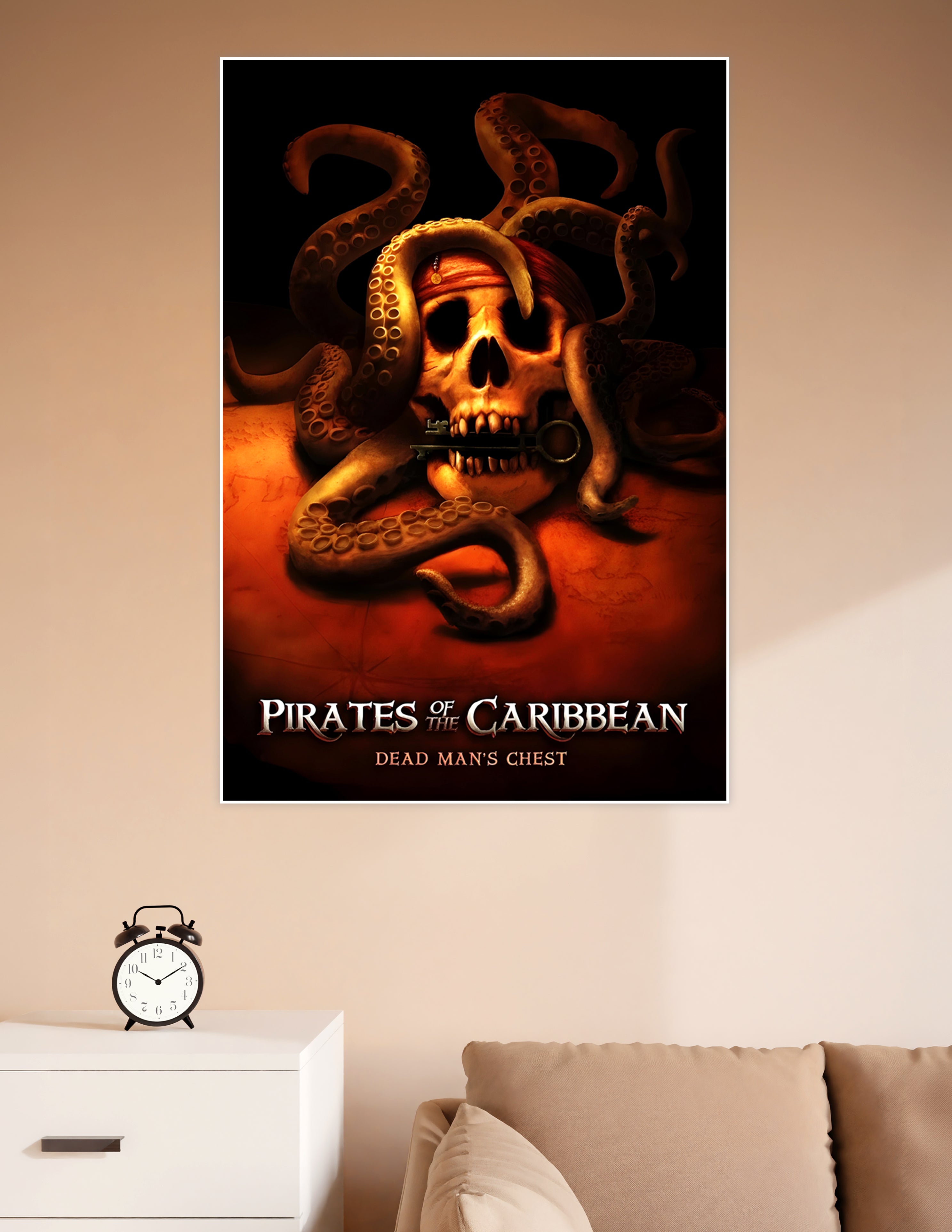 Pirates of the Caribbean Dead Man's Chest movie poster featuring a pirate skull wrapped in kraken tentacles holding a key, on a dark amber background