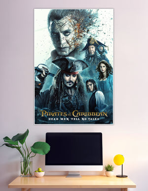 Pirates of the Caribbean Dead Men Tell No Tales official movie poster featuring Captain Jack Sparrow, the ghostly villain Salazar, Barbossa, and the supporting cast in dramatic blue tones