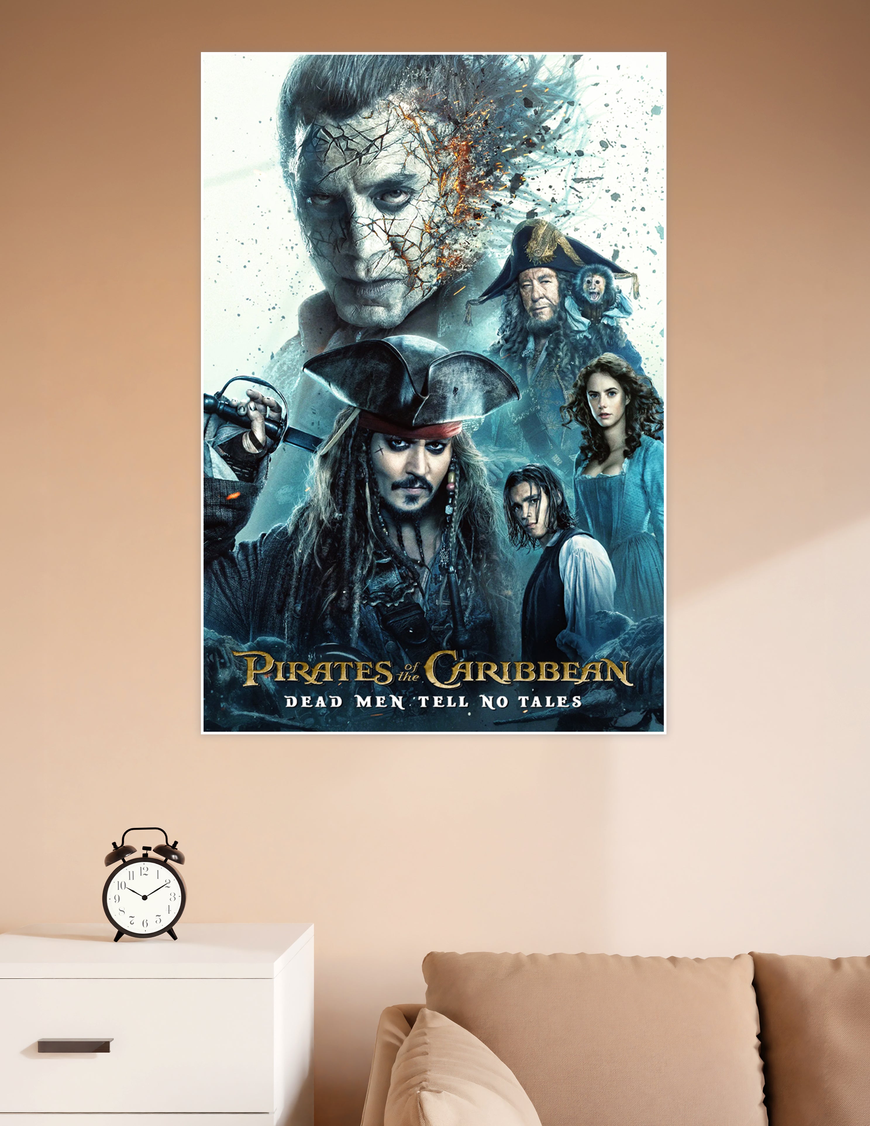 Pirates of the Caribbean Dead Men Tell No Tales official movie poster featuring Captain Jack Sparrow, the ghostly villain Salazar, Barbossa, and the supporting cast in dramatic blue tones