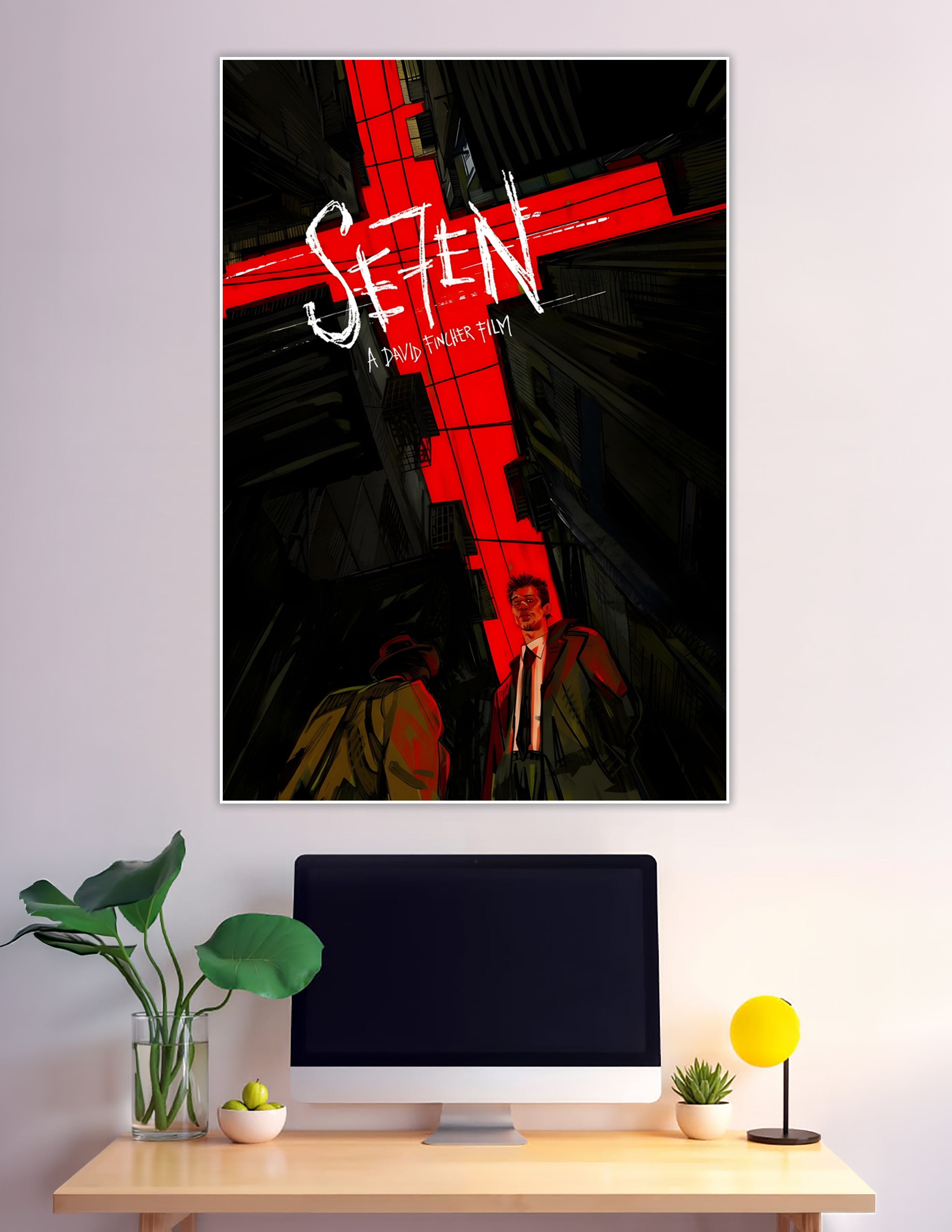 Illustrated Se7en movie poster by David Fincher featuring a bold red cross over a dark urban cityscape with two silhouetted figures below