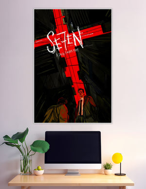 Illustrated Se7en movie poster by David Fincher featuring a bold red cross over a dark urban cityscape with two silhouetted figures below