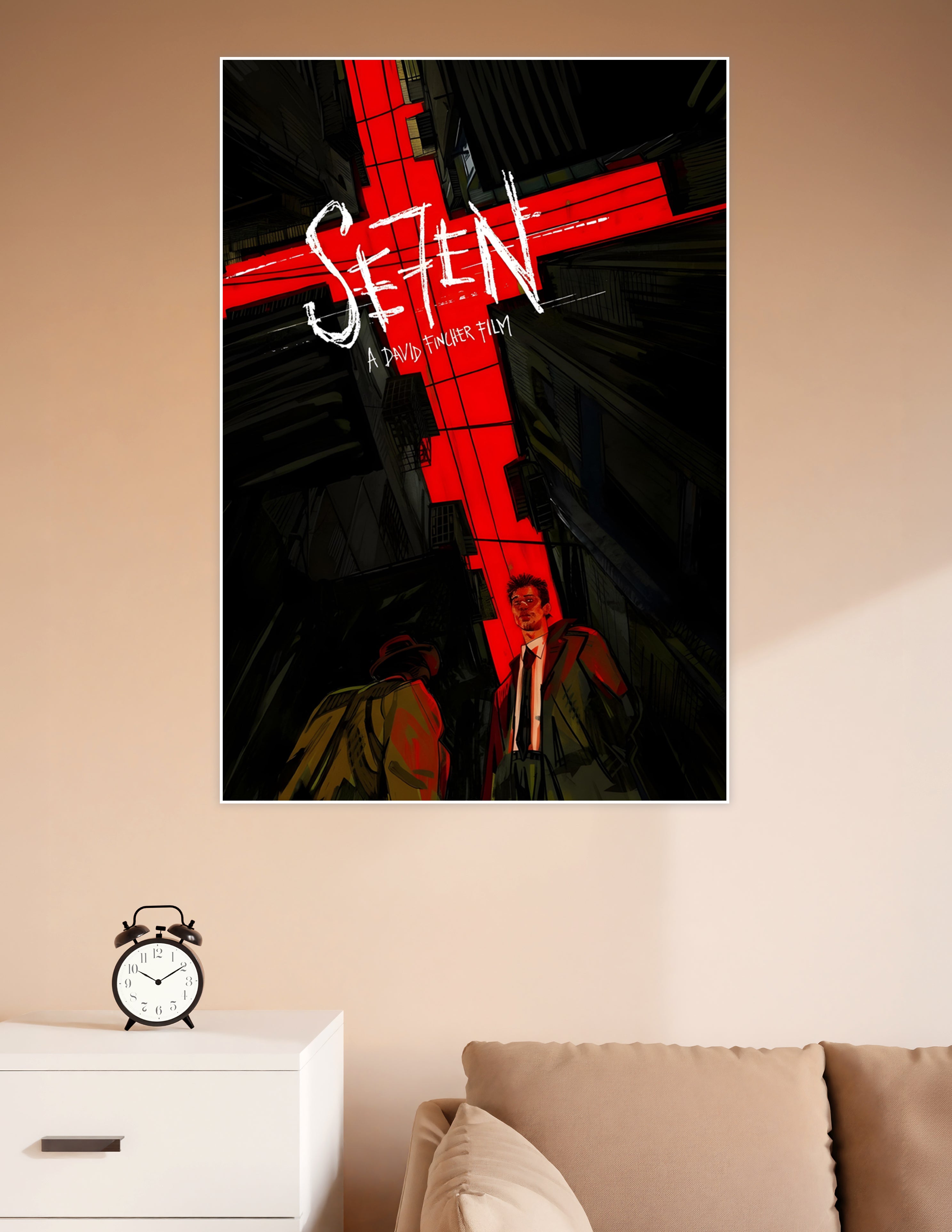 Illustrated Se7en movie poster by David Fincher featuring a bold red cross over a dark urban cityscape with two silhouetted figures below