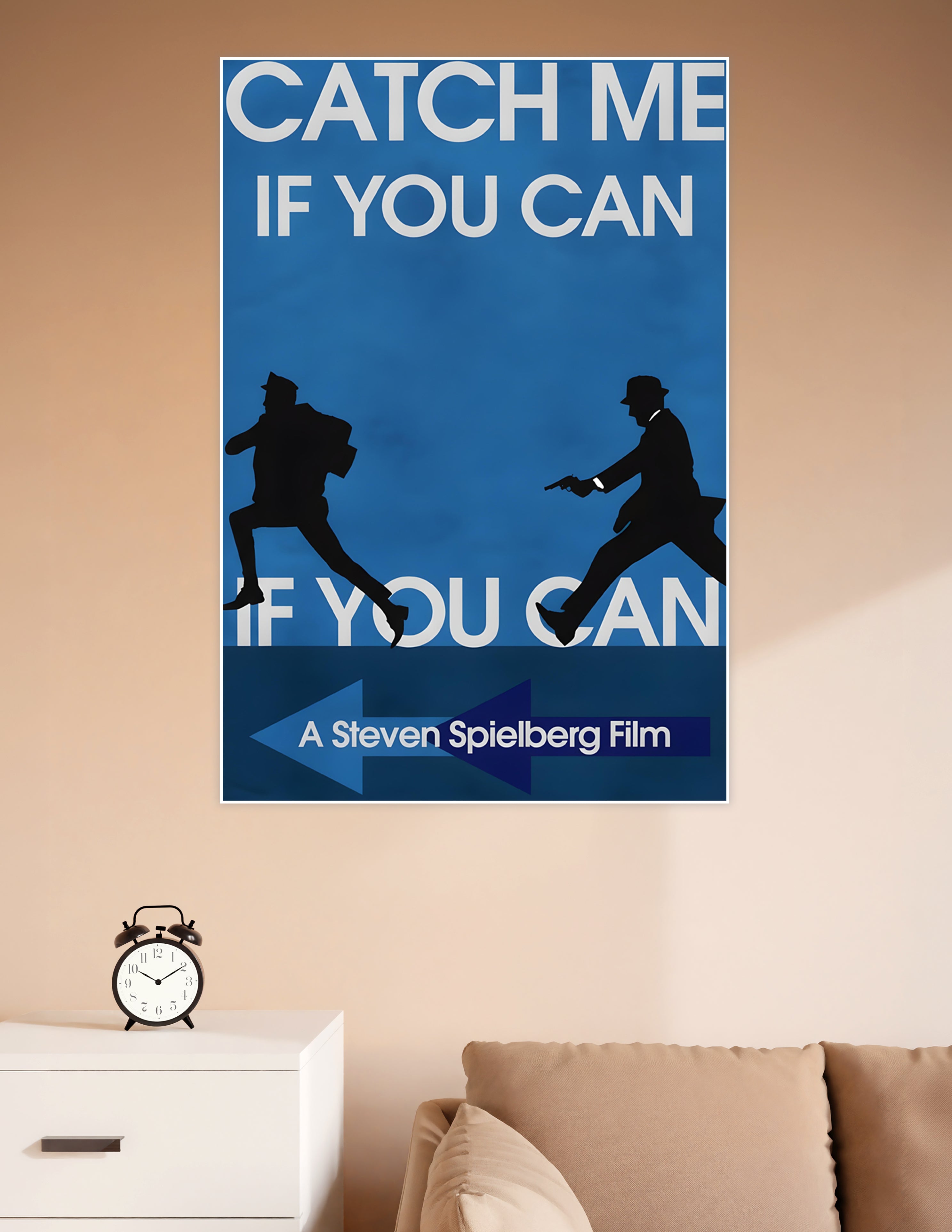 Minimalist Catch Me If You Can movie poster featuring two silhouetted figures in a chase scene on a bold blue background with white typography