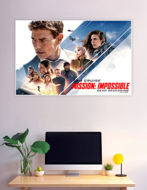 Mission: Impossible Dead Reckoning Part One official movie poster featuring Tom Cruise and the full cast in a dramatic action-packed cinematic composition