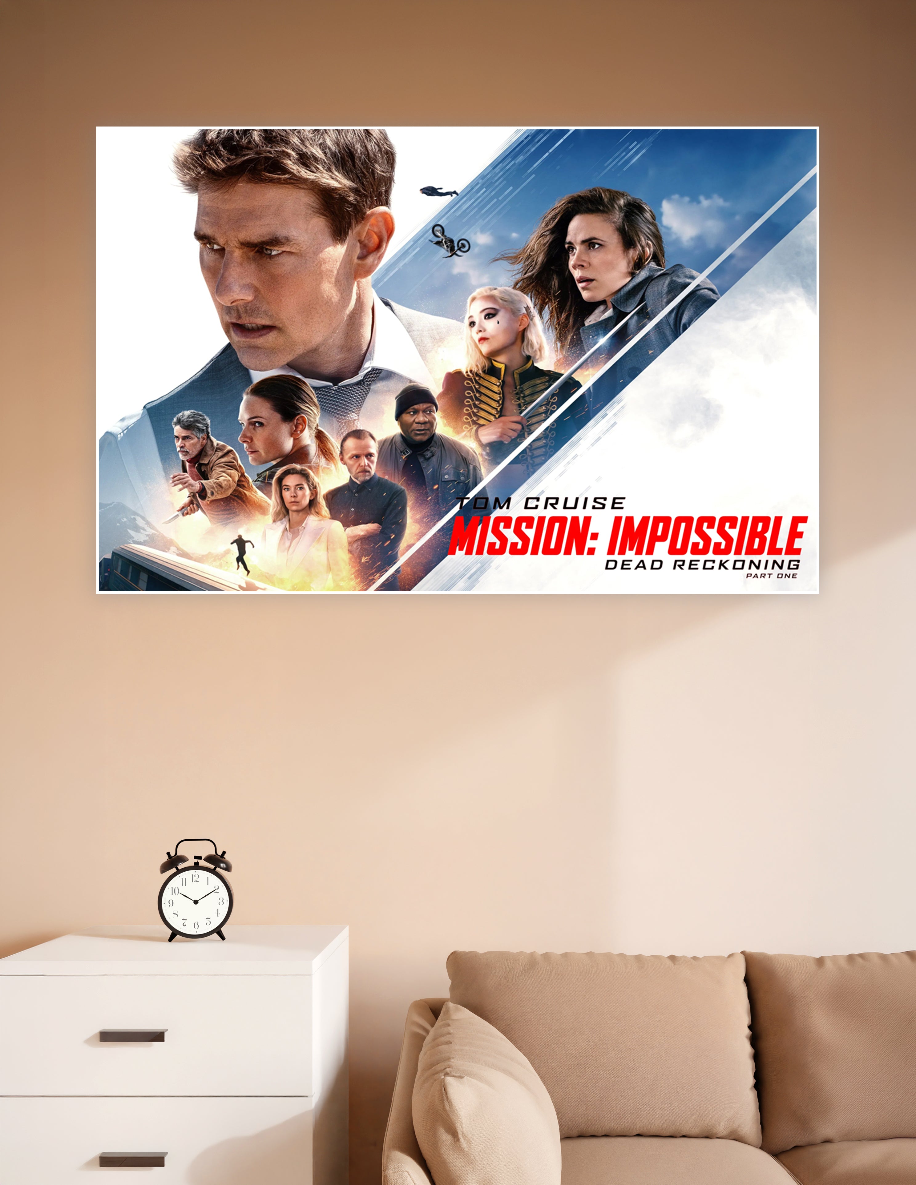 Mission: Impossible Dead Reckoning Part One official movie poster featuring Tom Cruise and the full cast in a dramatic action-packed cinematic composition