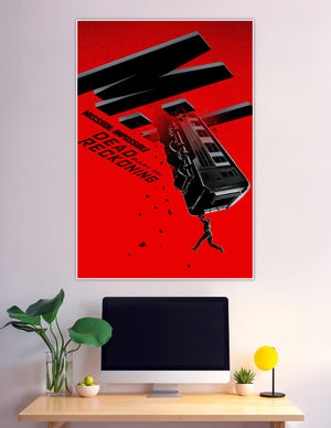 Mission Impossible Dead Reckoning Part One movie poster with a dramatic red background, falling train, and a figure clinging to the wreckage