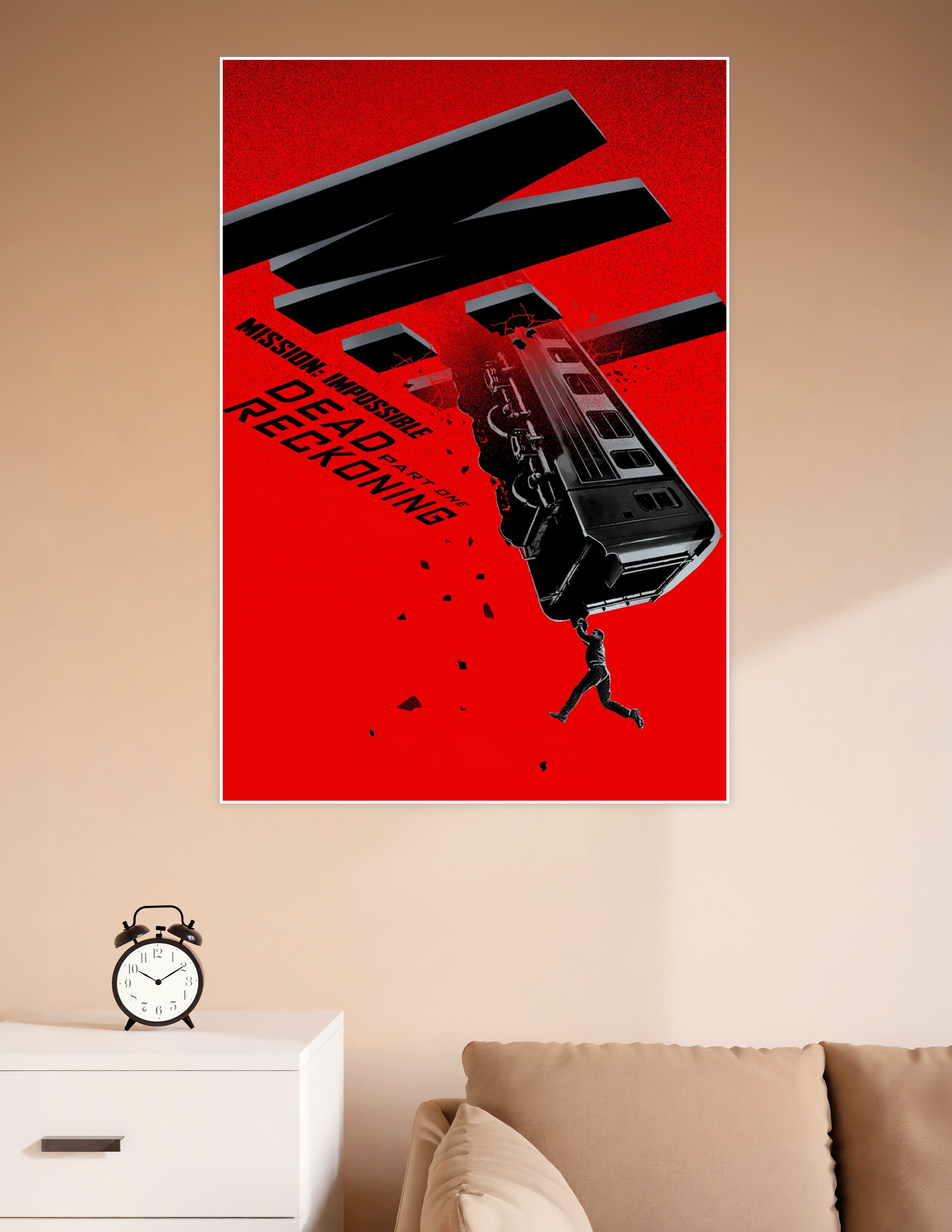 Mission Impossible Dead Reckoning Part One movie poster with a dramatic red background, falling train, and a figure clinging to the wreckage
