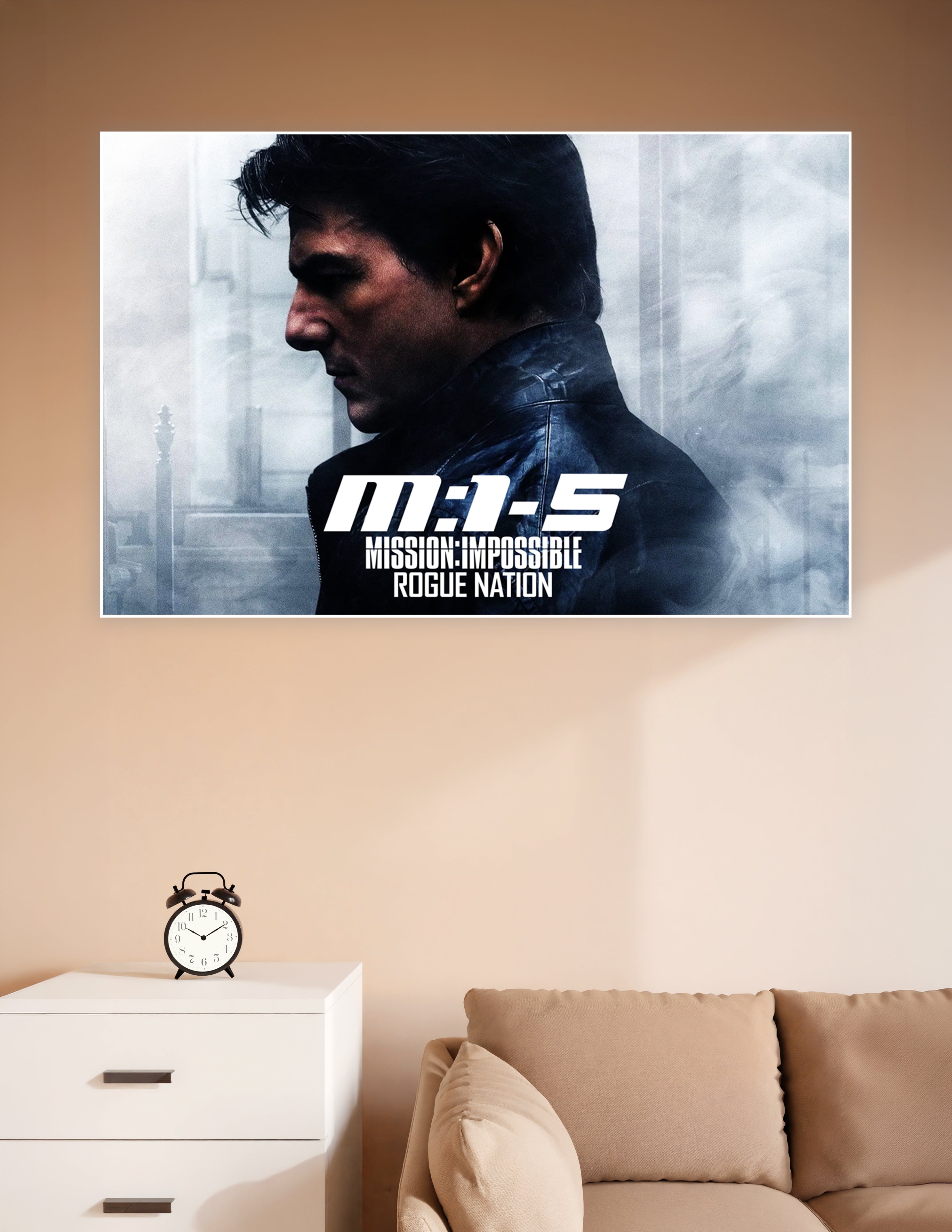 Mission Impossible Rogue Nation M:I-5 movie poster featuring a dramatic side-profile silhouette of a man in a leather jacket against a foggy blue-grey background