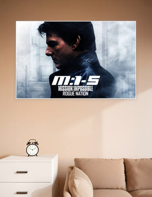Mission Impossible Rogue Nation M:I-5 movie poster featuring a dramatic side-profile silhouette of a man in a leather jacket against a foggy blue-grey background