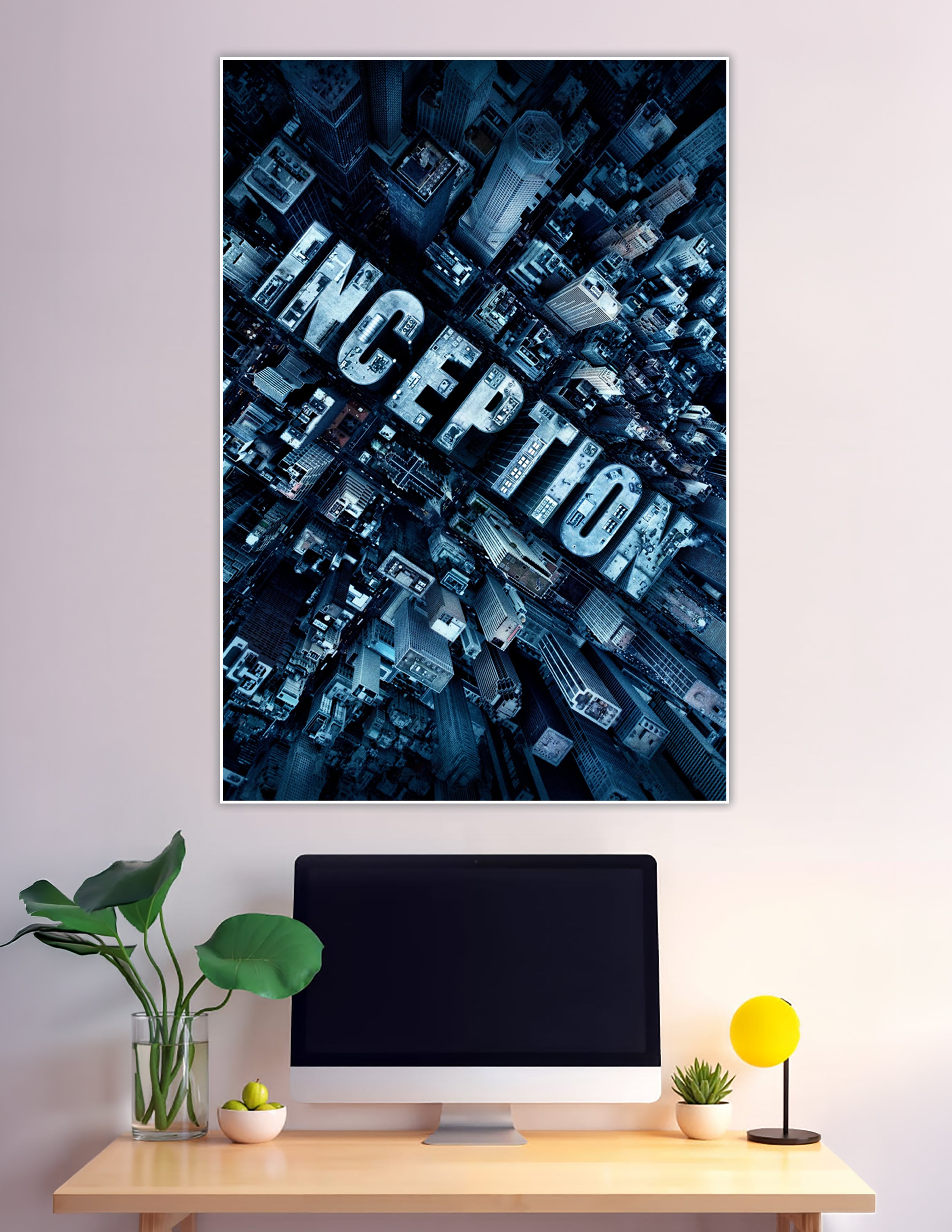 Aerial view of a dark blue cityscape with large 3D INCEPTION title letters overlaid, movie poster art print
