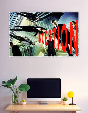 Inception movie poster featuring the cast in gravity-defying poses against a surreal folding cityscape with bold red INCEPTION title text