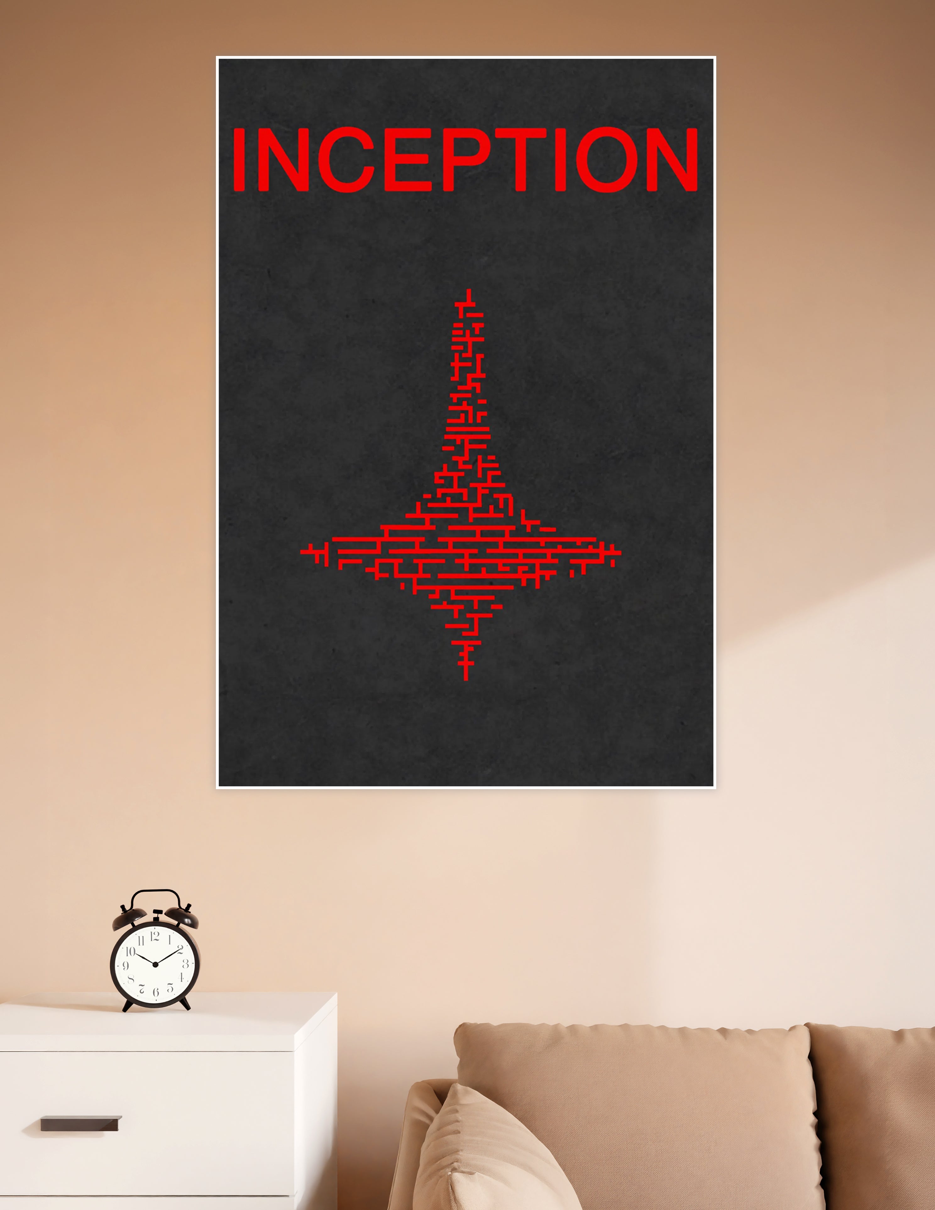 Minimalist Inception movie poster with a red geometric diamond maze shape on a dark charcoal background with bold red title text