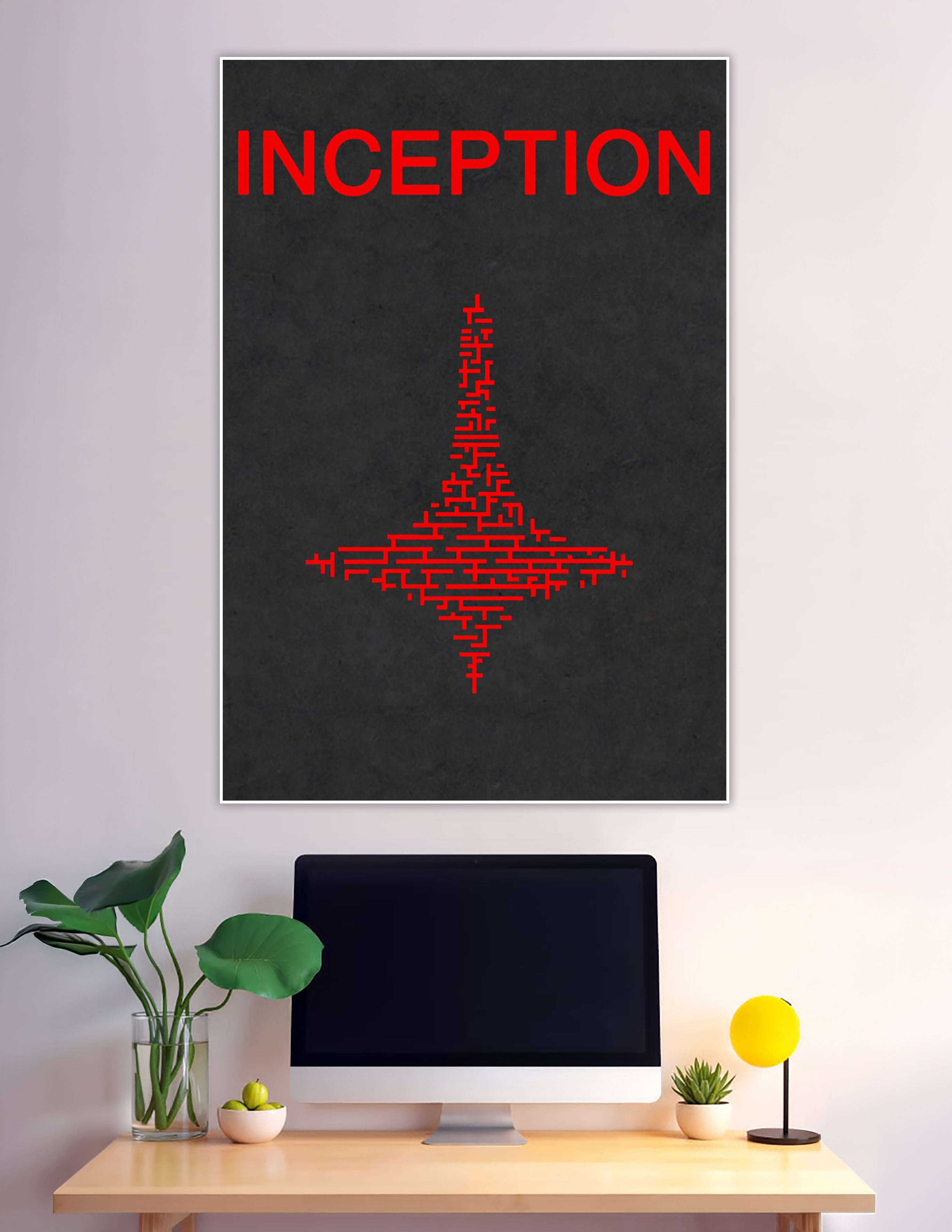Minimalist Inception movie poster with a red geometric diamond maze shape on a dark charcoal background with bold red title text