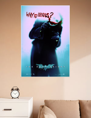 The Dark Knight movie poster featuring the Joker's silhouette with red painted smile and 'Why So Serious?' text against a blue cityscape background