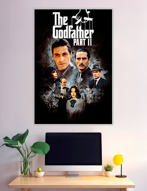 The Godfather Part II official movie poster featuring dramatic portraits of the cast against a dark black background with smoky atmospheric effects