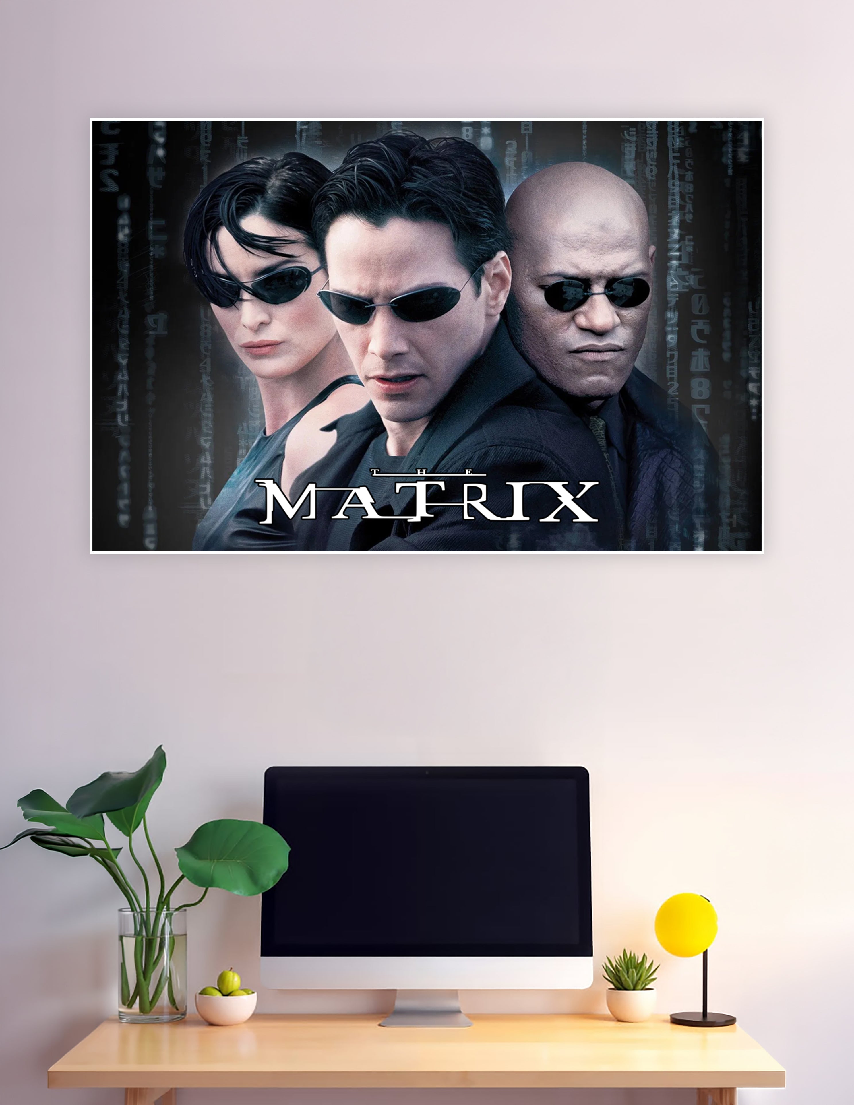 The Matrix movie poster featuring Neo, Trinity, and Morpheus in black outfits and sunglasses against a dark digital code background