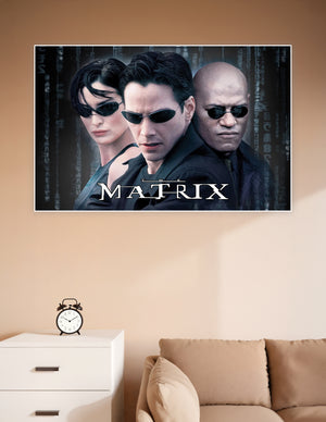 The Matrix movie poster featuring Neo, Trinity, and Morpheus in black outfits and sunglasses against a dark digital code background