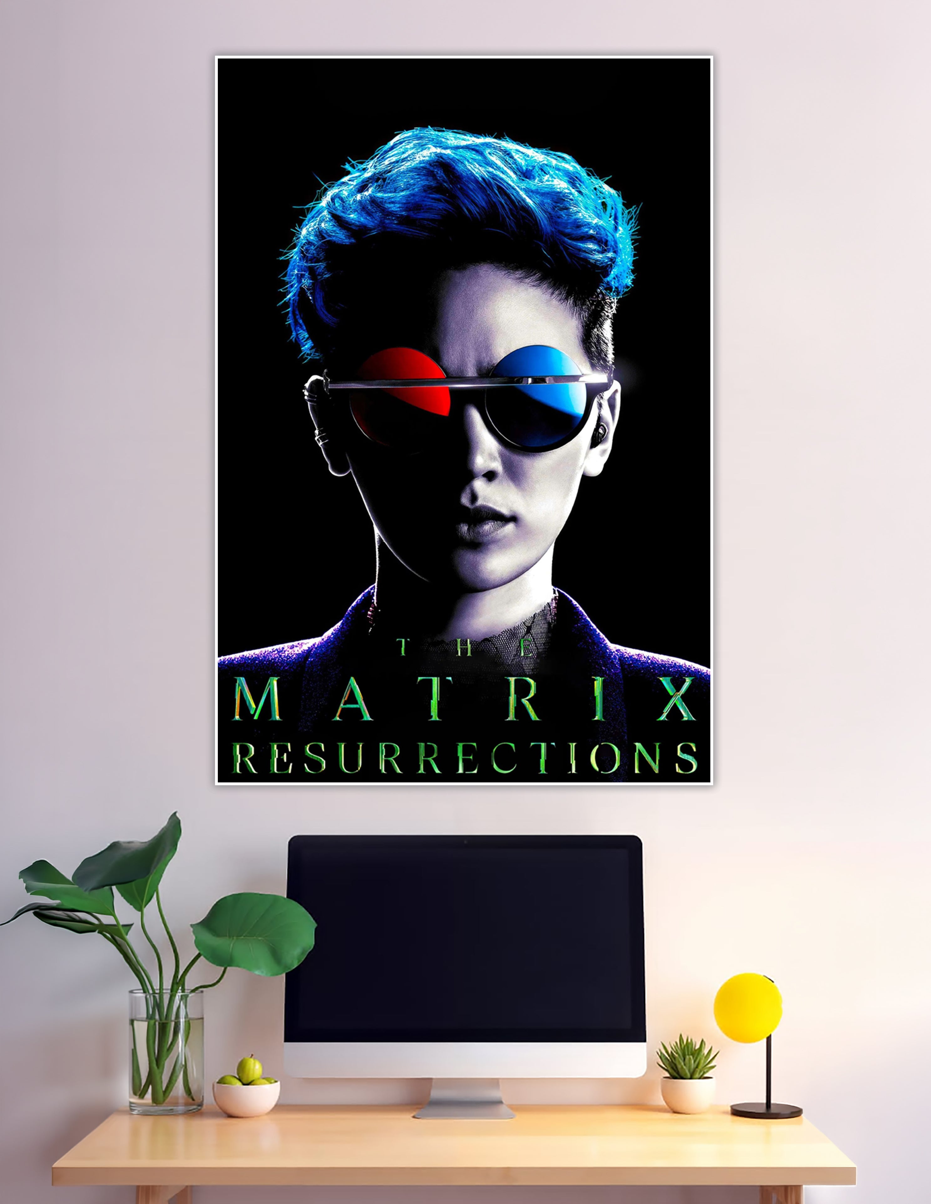 Matrix Resurrections poster blue hair red blue glasses
