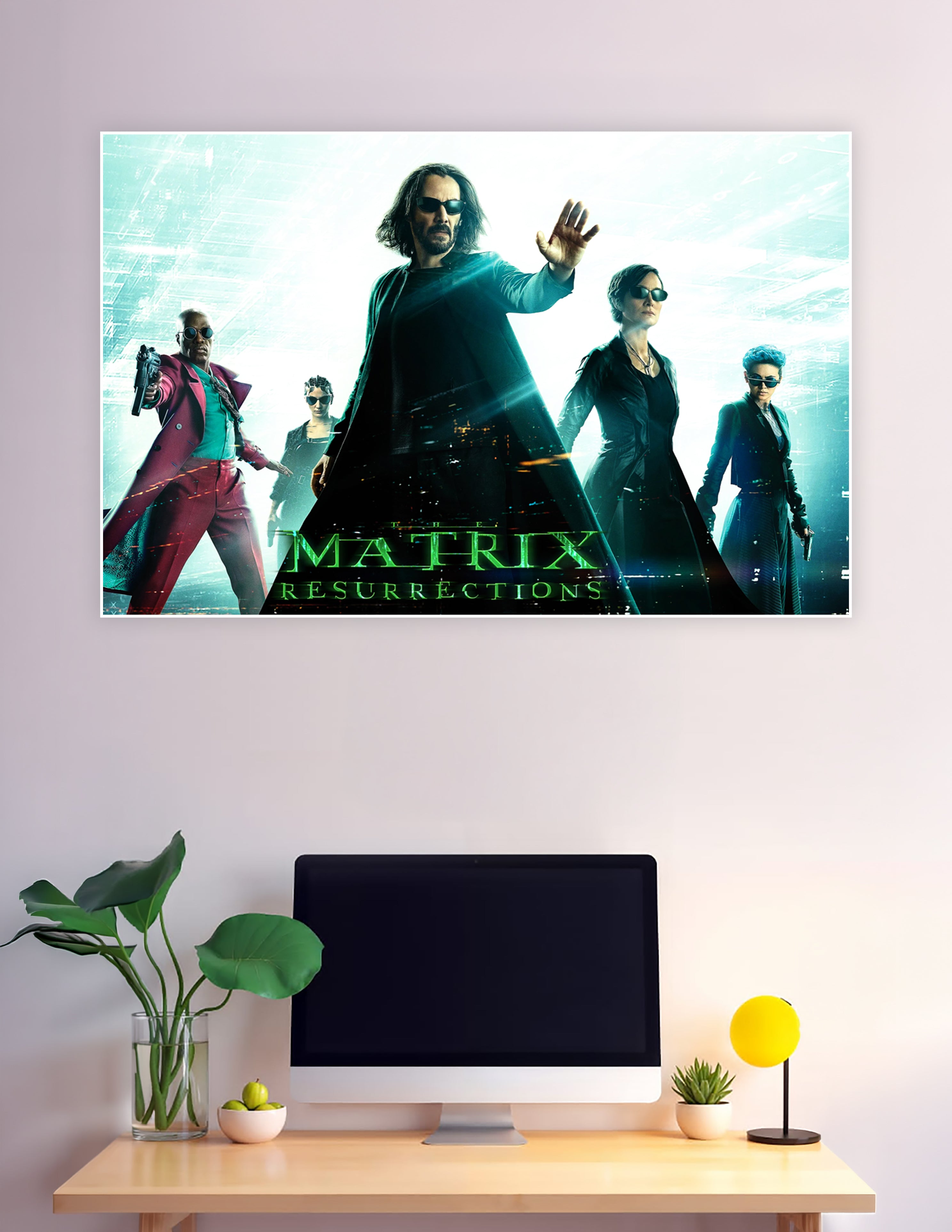 The Matrix Resurrections official movie poster featuring Neo with raised hand, Trinity, and ensemble cast against a glowing teal cyberpunk background